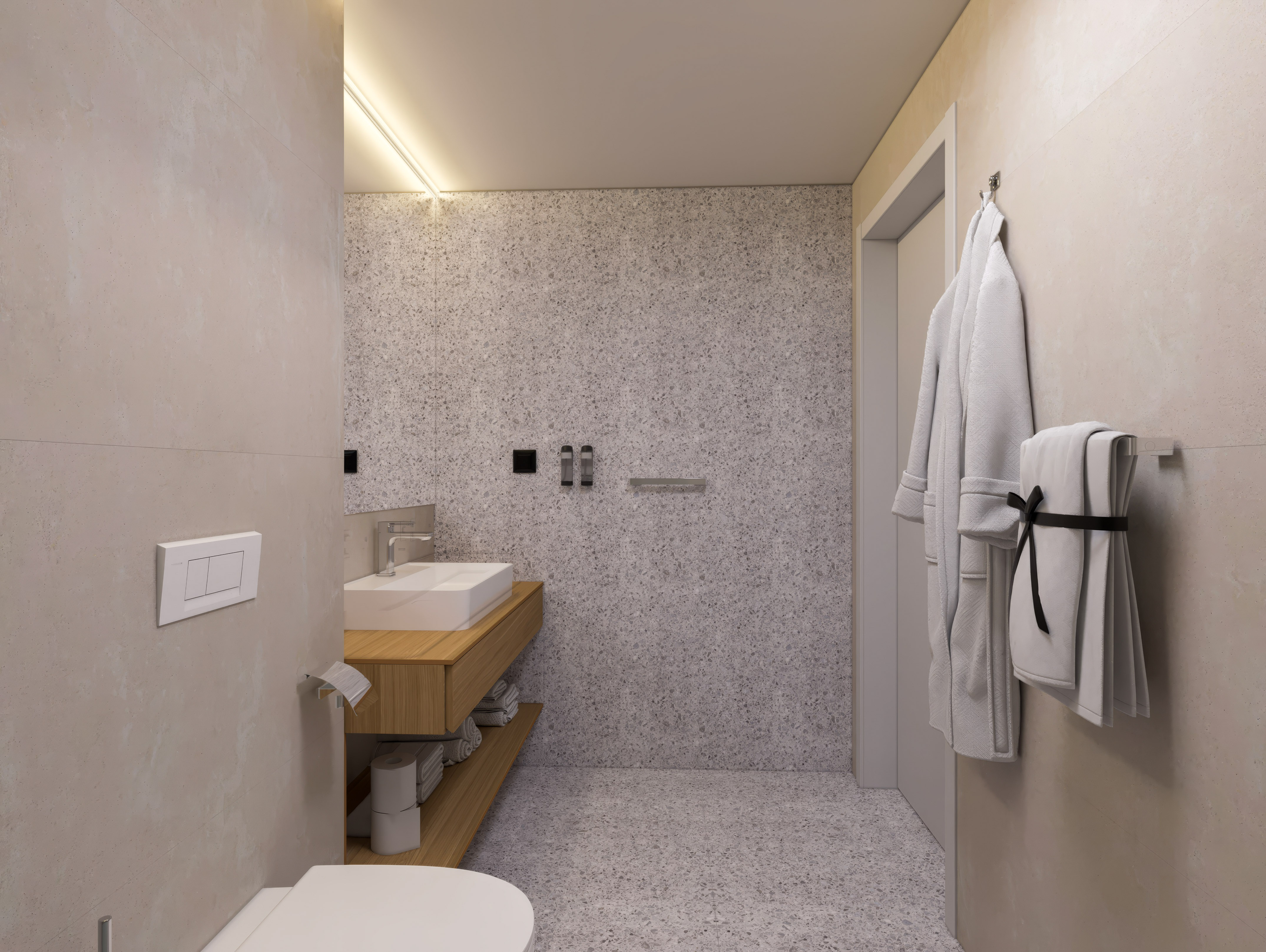 a bathroom with a sink and a towel on the wall