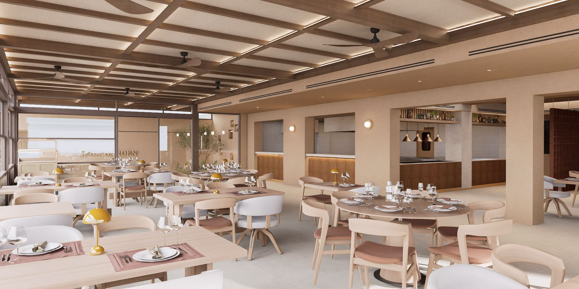 a room with tables and chairs