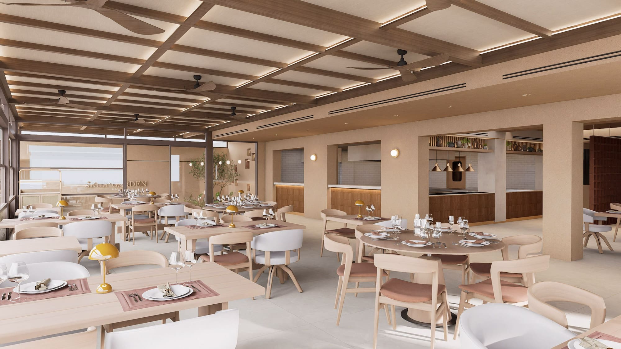 a room with tables and chairs