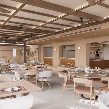 a room with tables and chairs