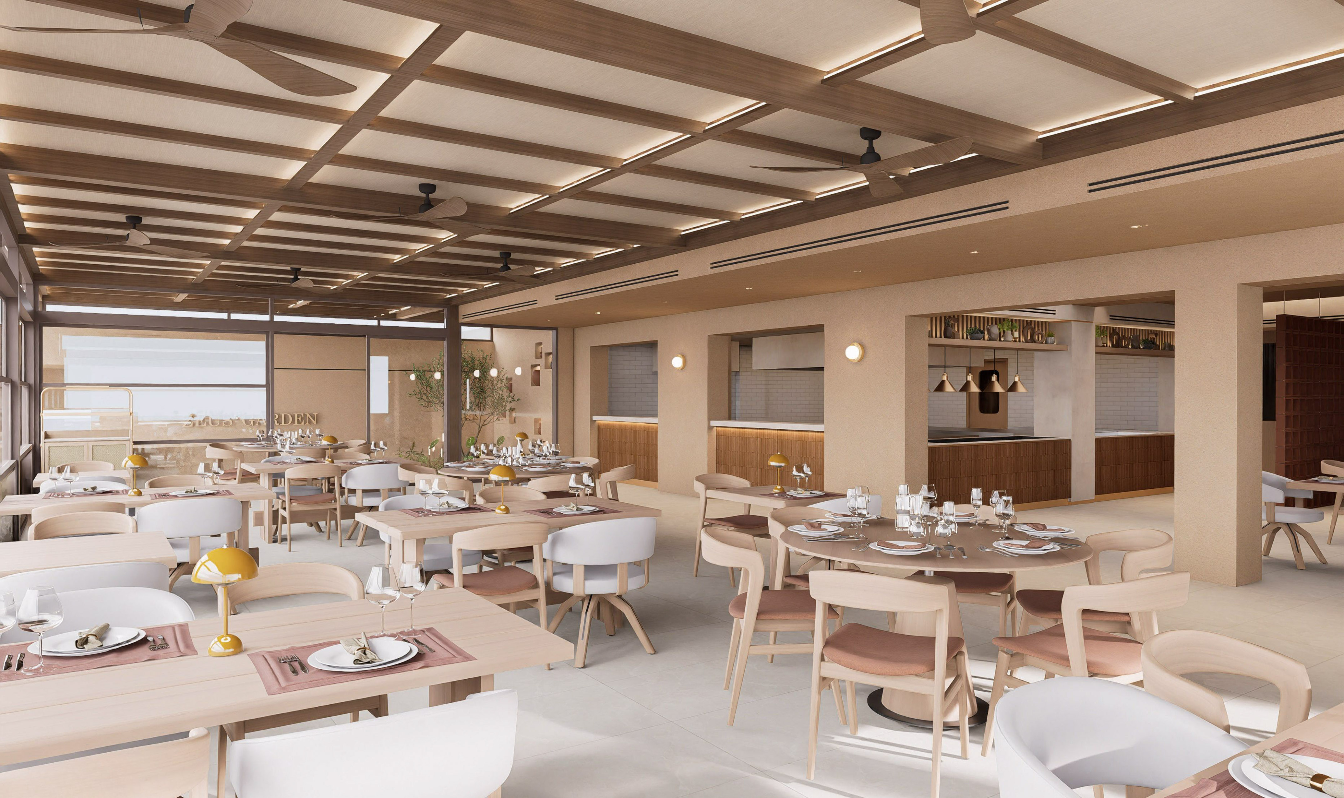 a room with tables and chairs