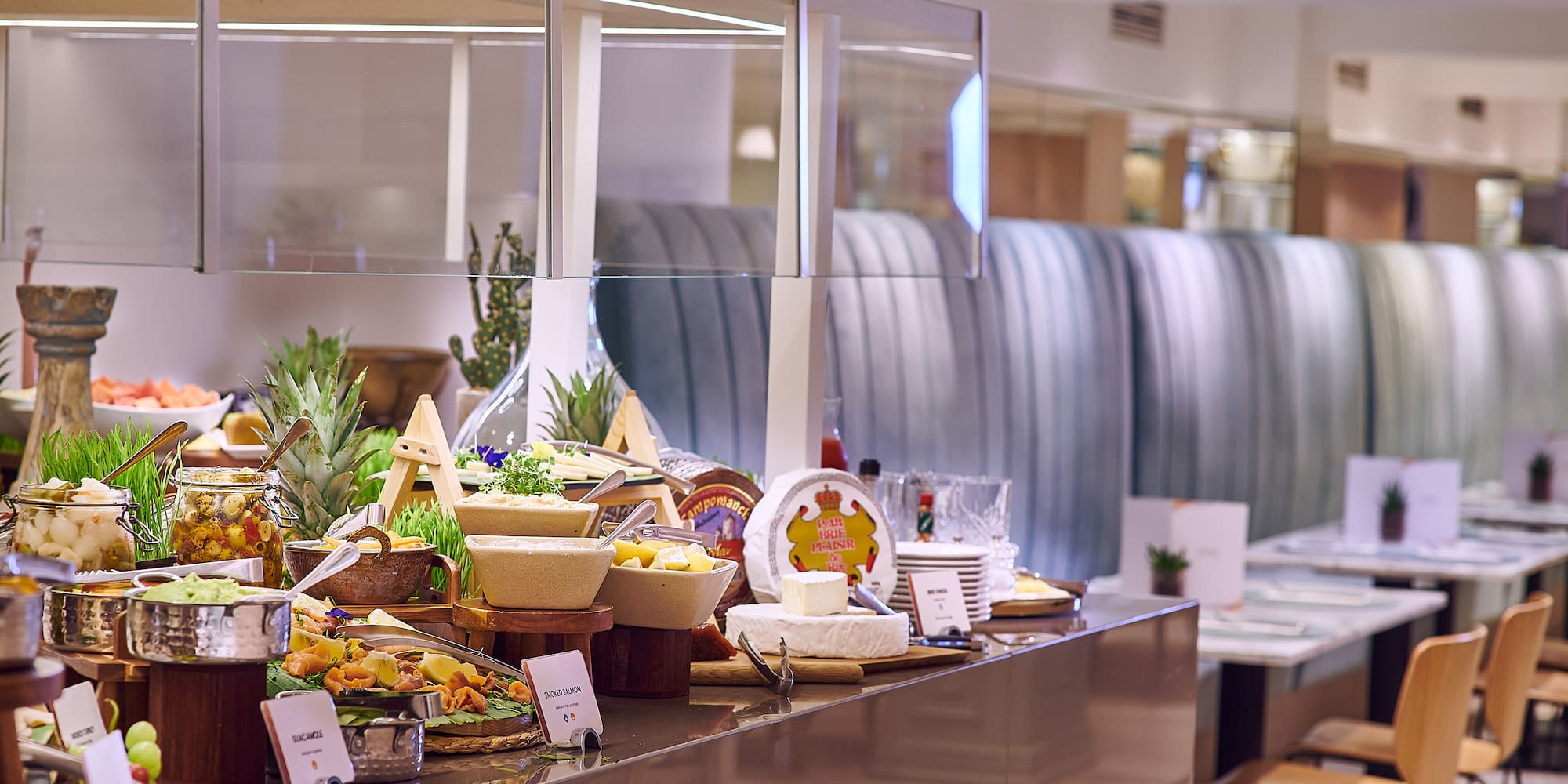 a buffet table with food on it