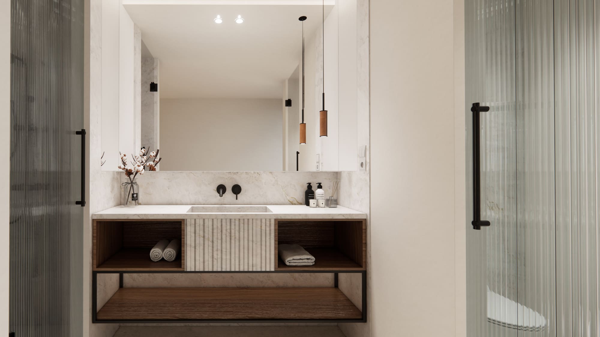 Moderne Badezimmereinrichtung mit großem Wandspiegel und Waschtisch aus Holz. - Superior Room mit Balkon und Poolblick - Hotel Golf Santa Ponsa Meliá Collection, Mallorca