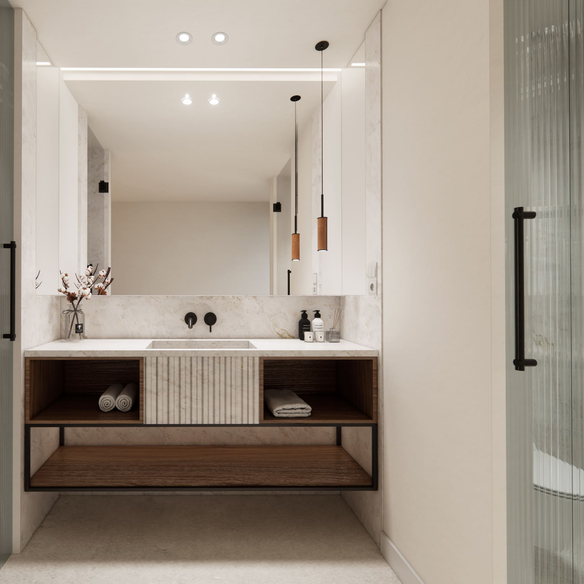 Moderne Badezimmereinrichtung mit großem Wandspiegel und Waschtisch aus Holz. - Superior Room mit Balkon und Poolblick - Hotel Golf Santa Ponsa Meliá Collection, Mallorca