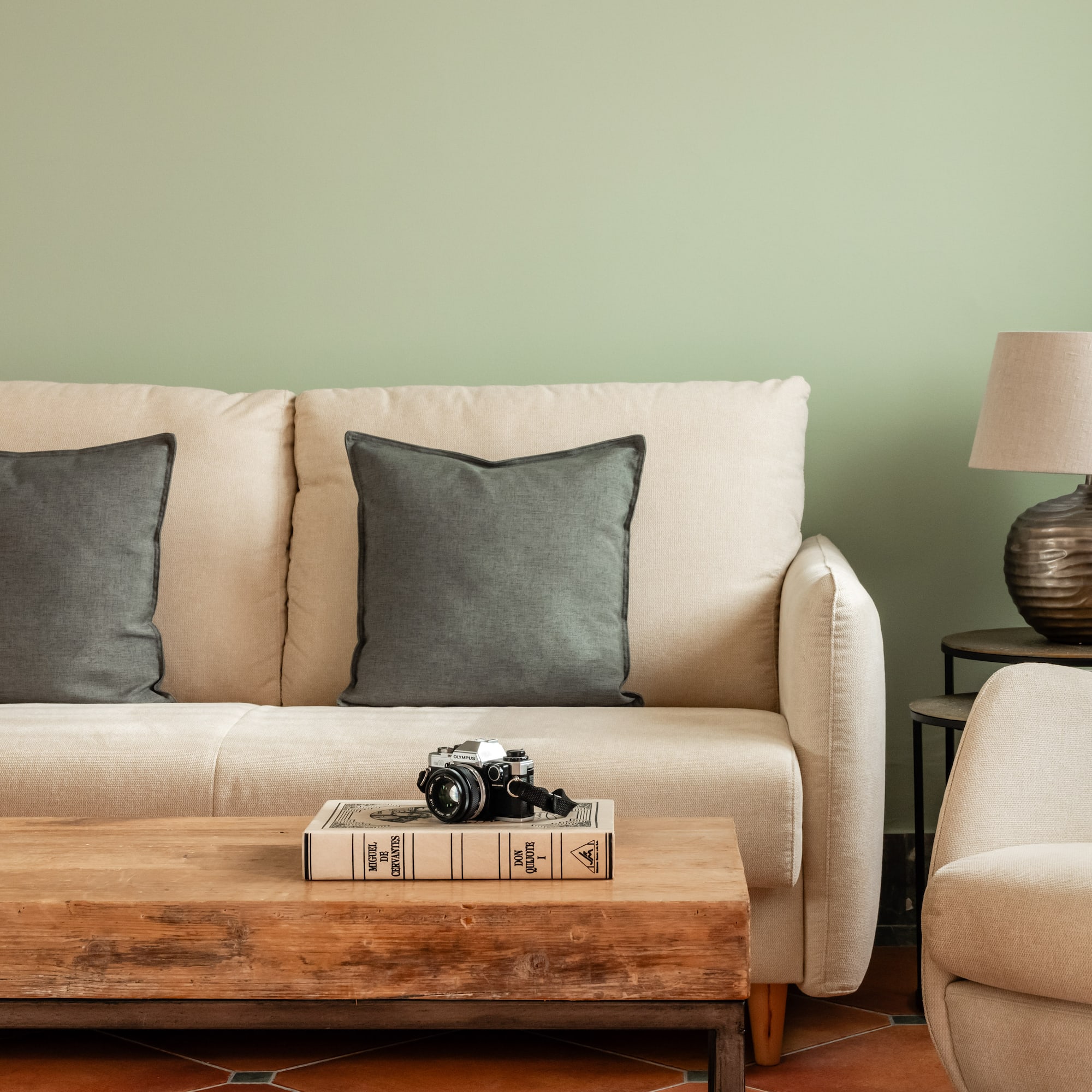 a couch with pillows and a coffee table