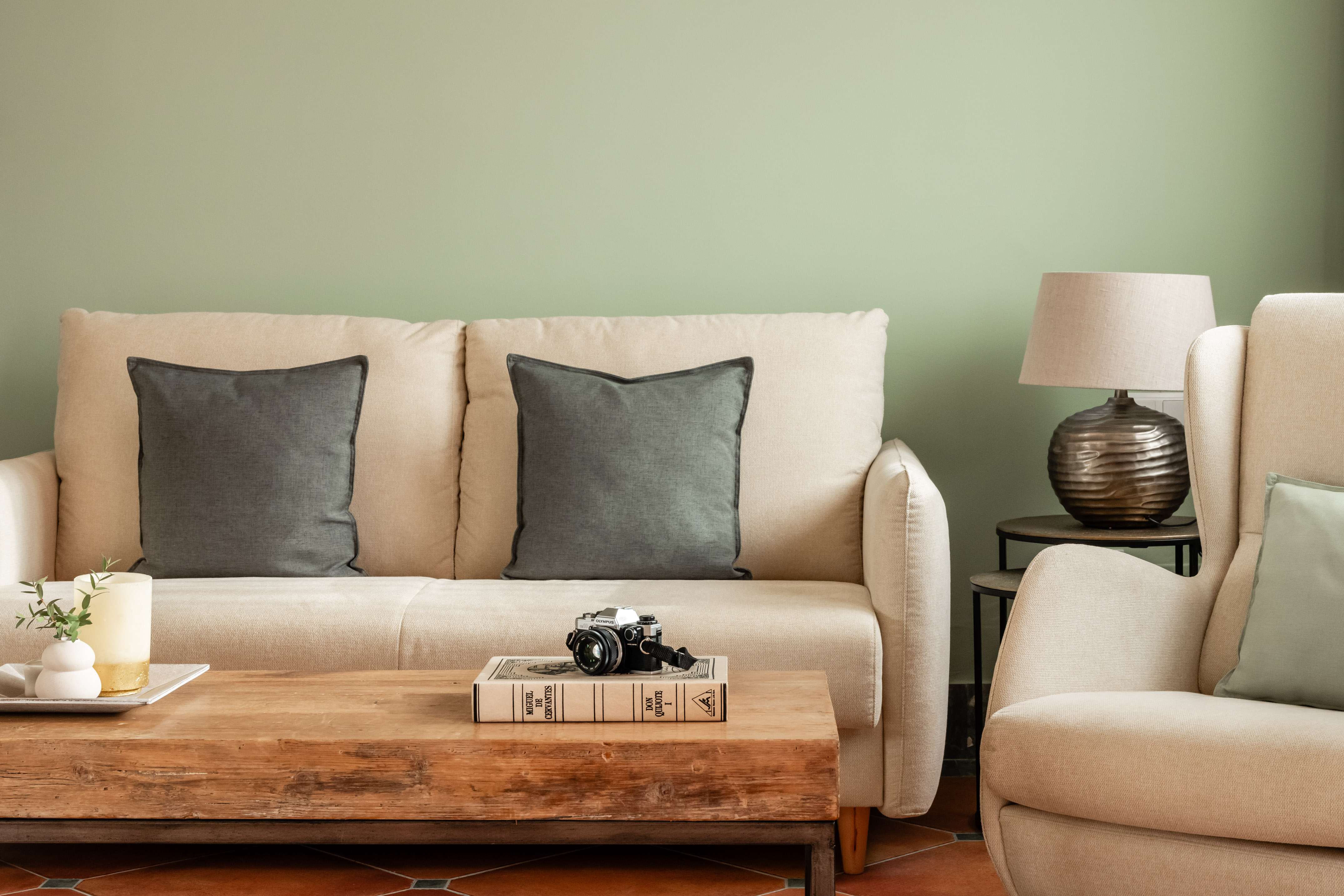 Beige sofa, wooden coffee table, vintage camera, green wall. Cozy living room decor.