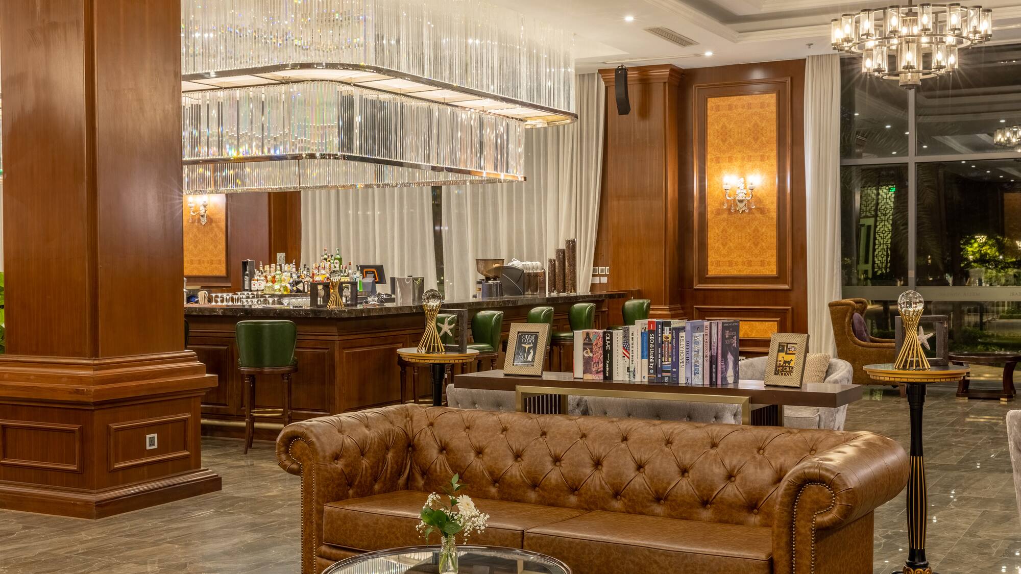 a room with couches and tables and chairs