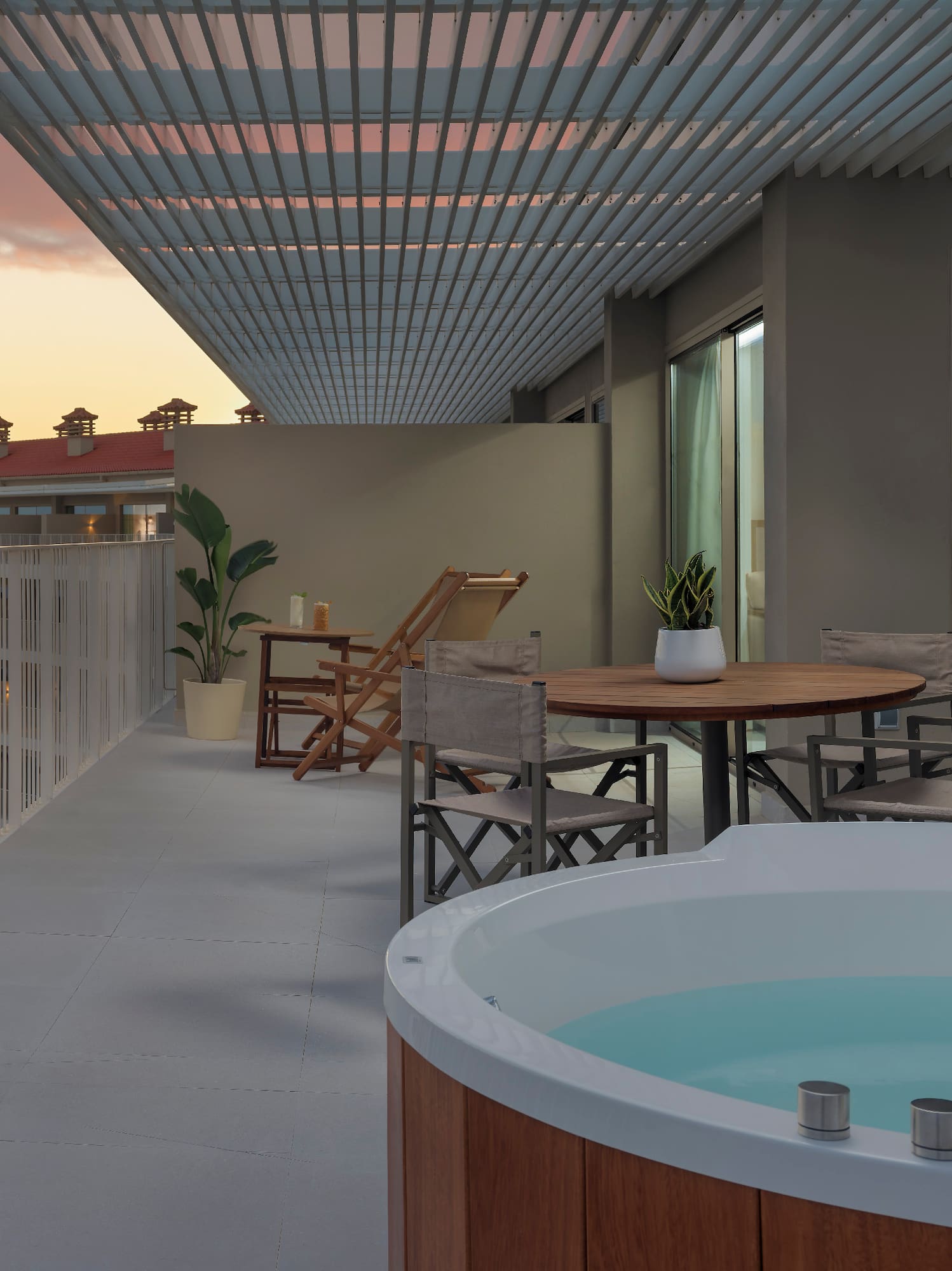 a hot tub on a balcony