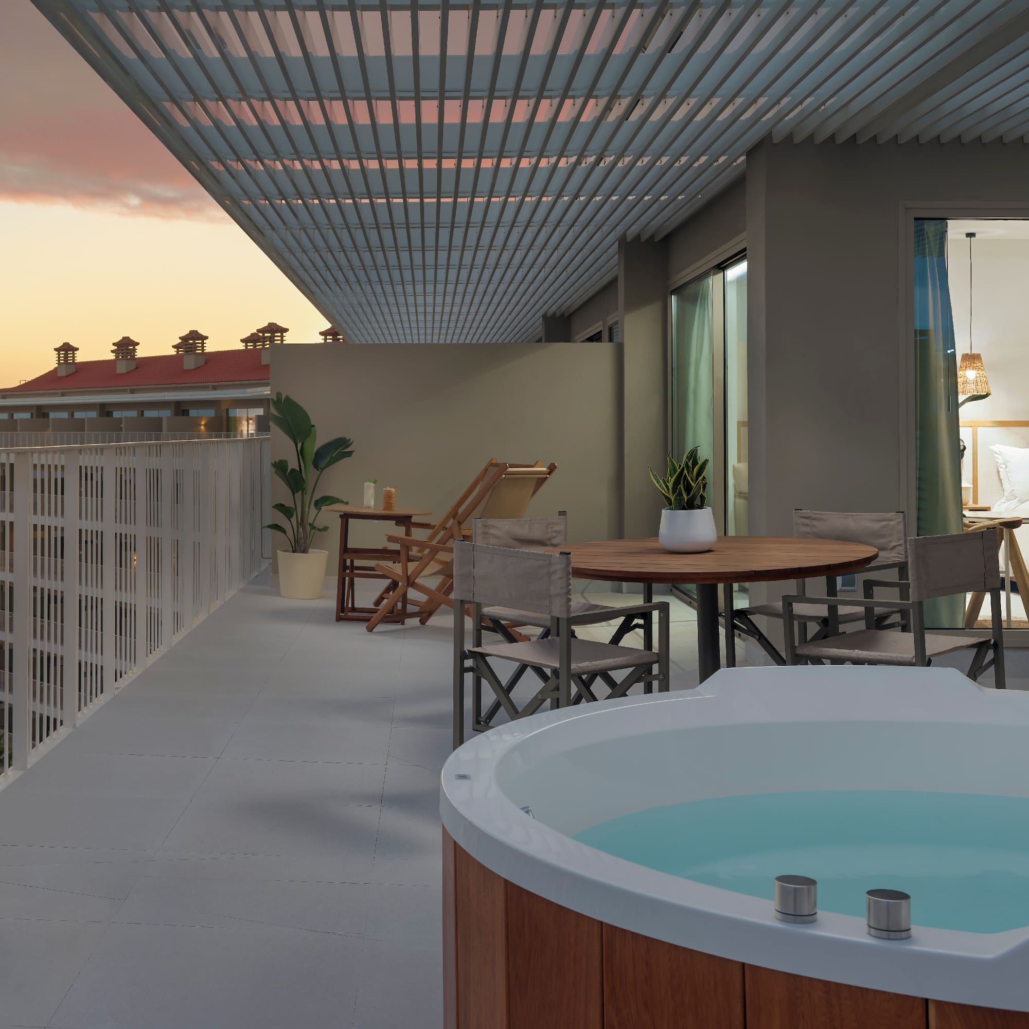 a hot tub on a balcony