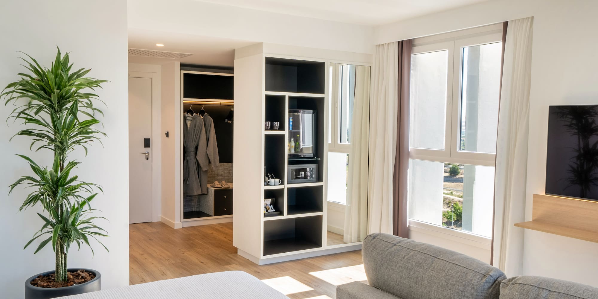 a room with a couch and a closet