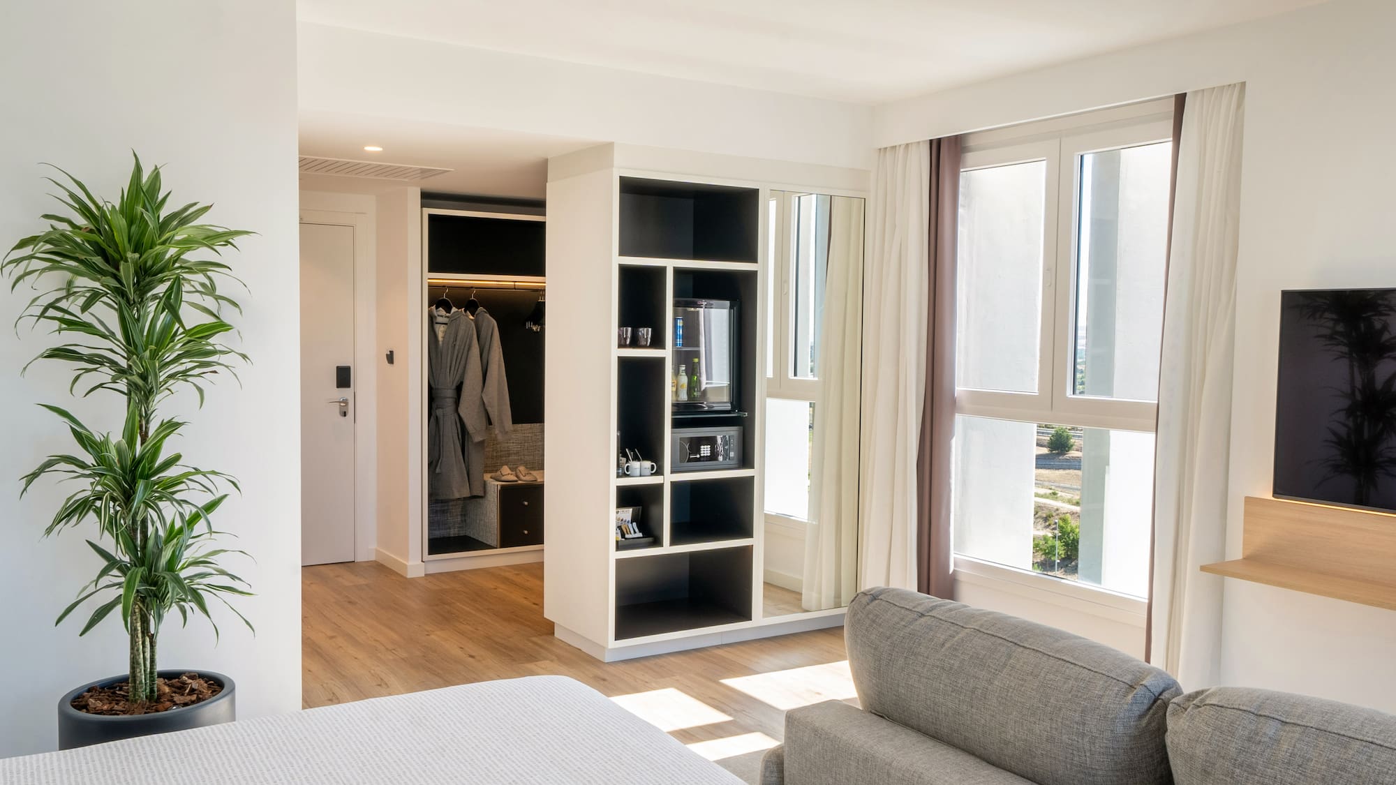 a room with a couch and a closet