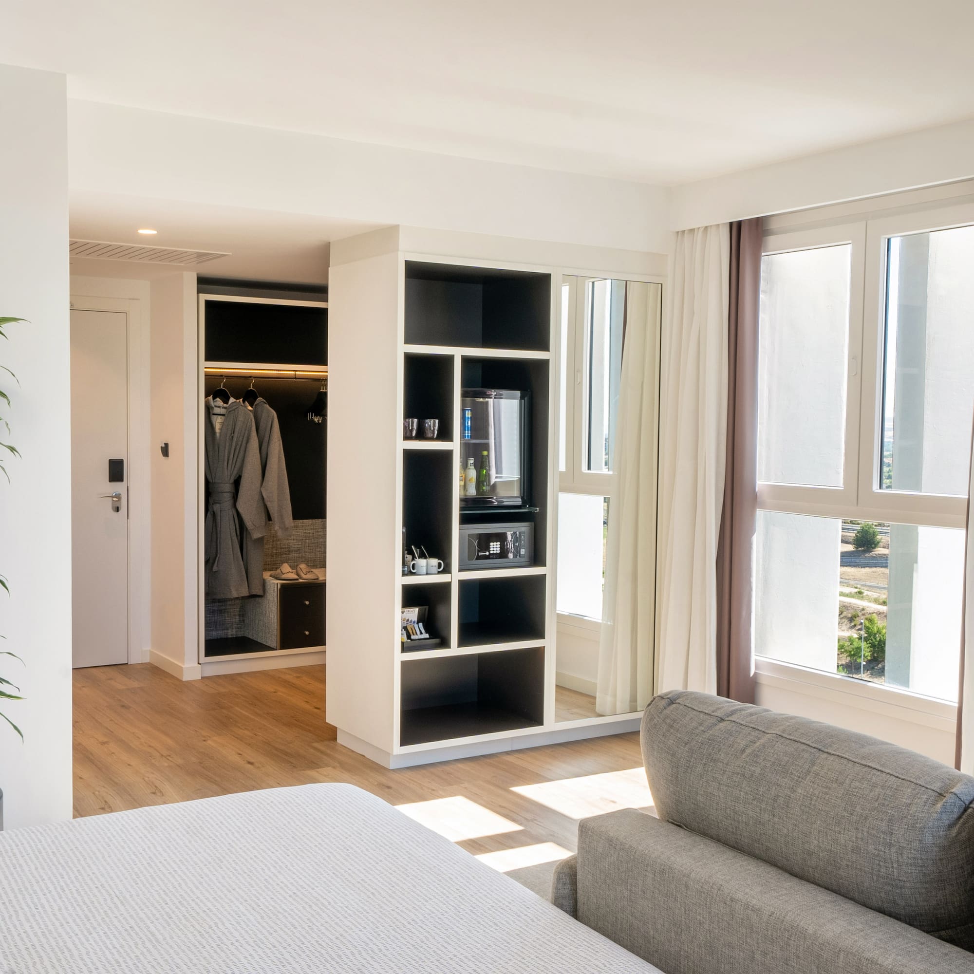 a room with a couch and a closet