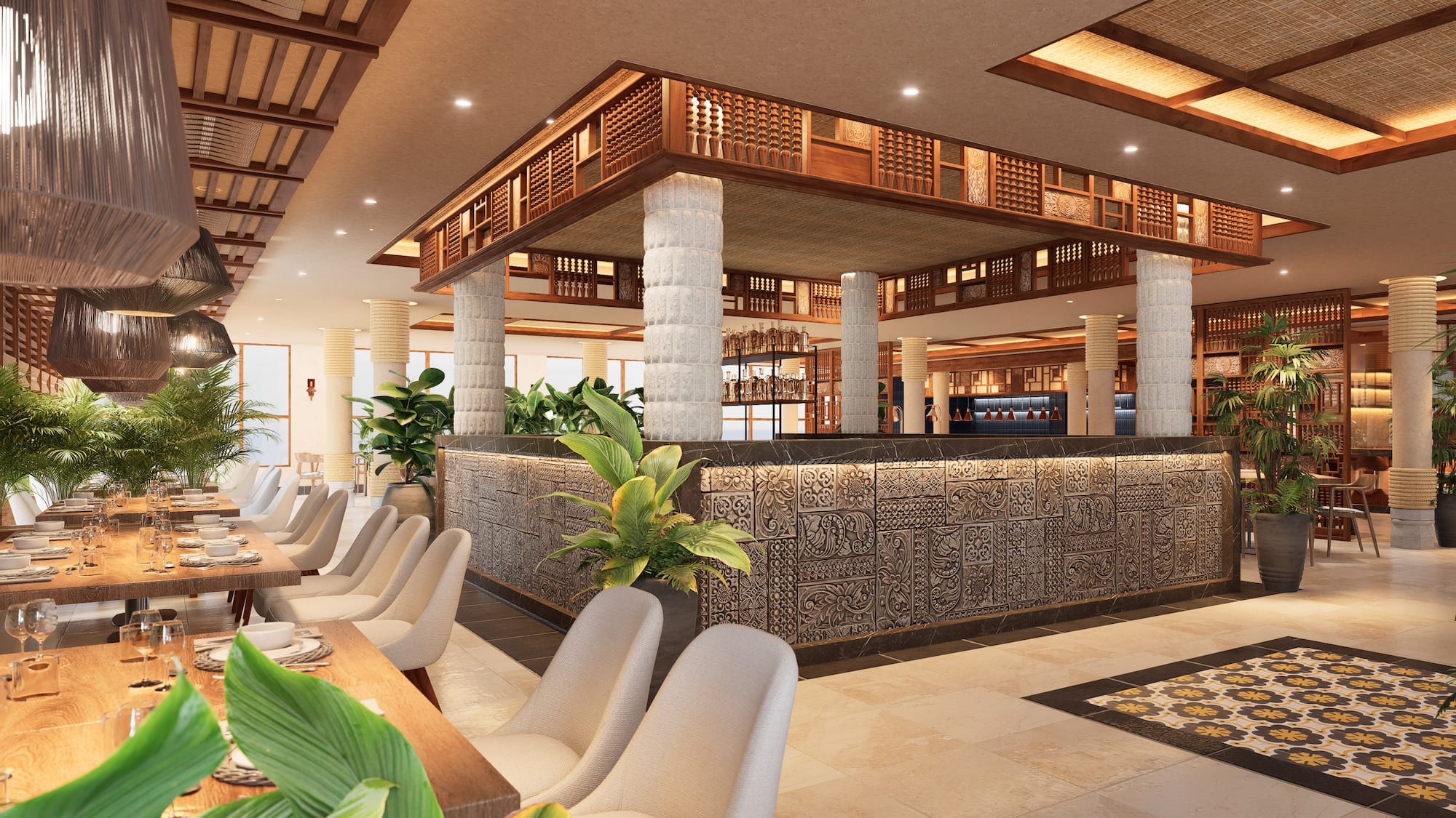 a restaurant with tables and chairs