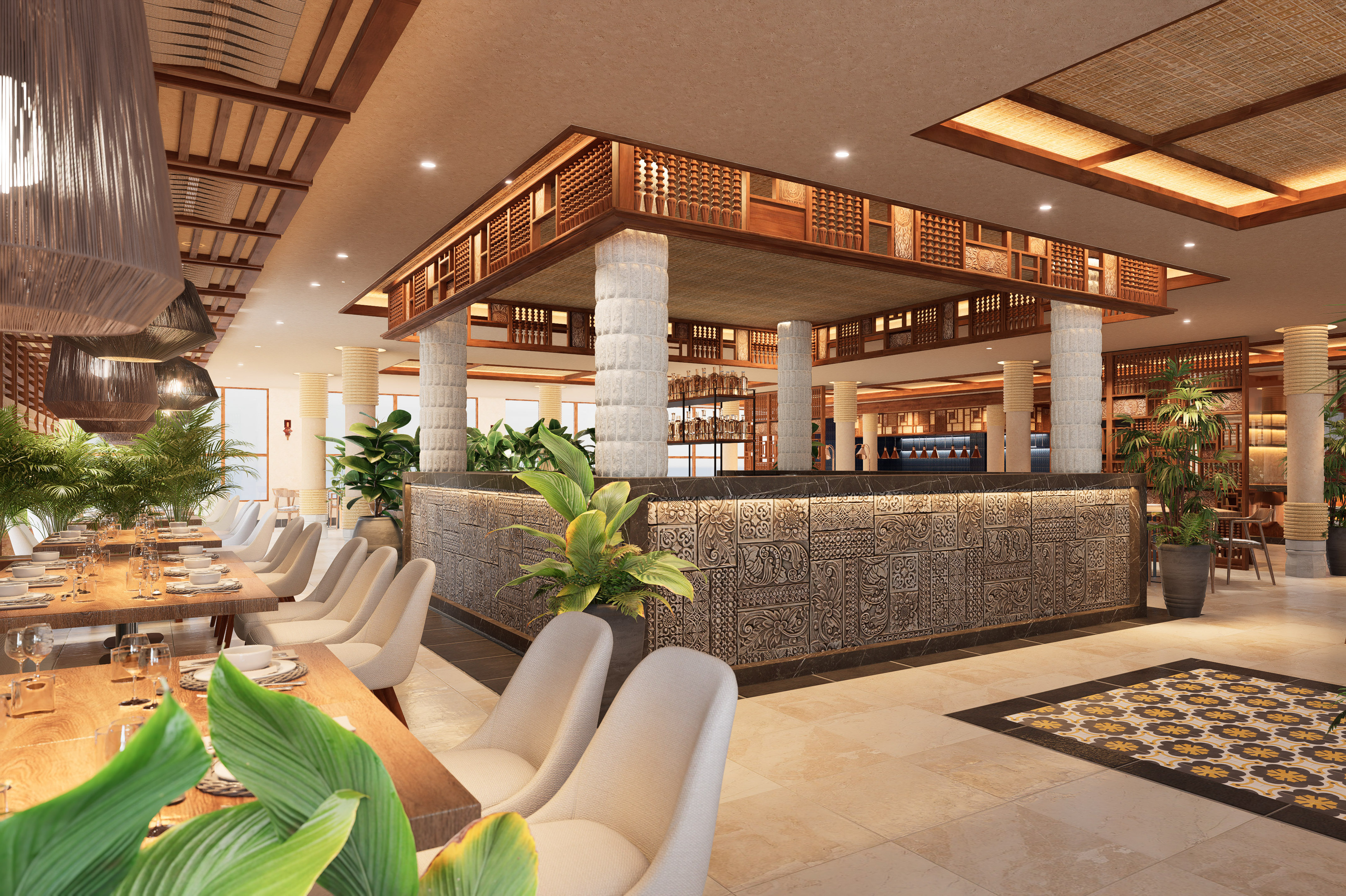 a restaurant with tables and chairs