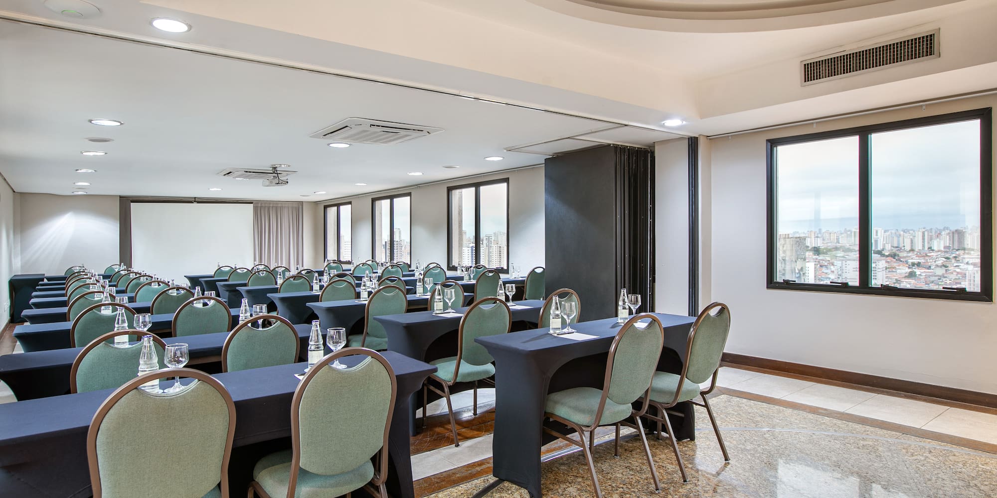 a room with tables and chairs