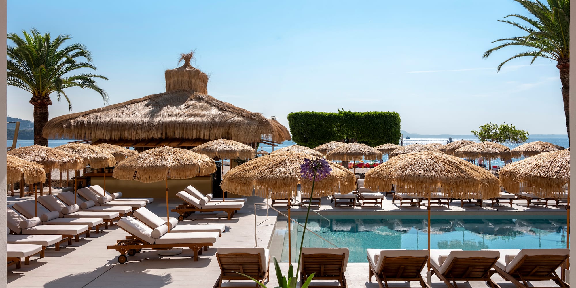 a pool with lounge chairs and umbrellas