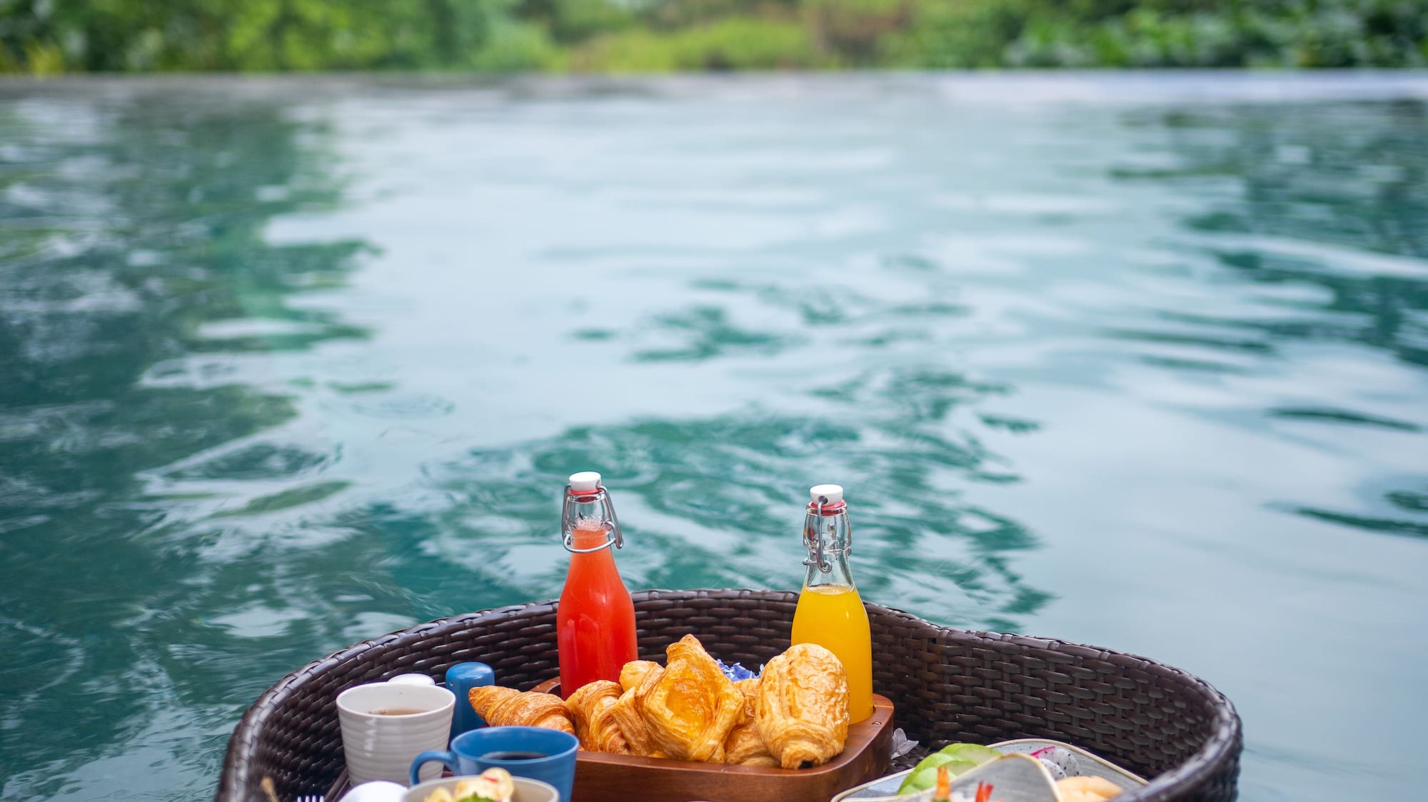 a basket with food on it in water