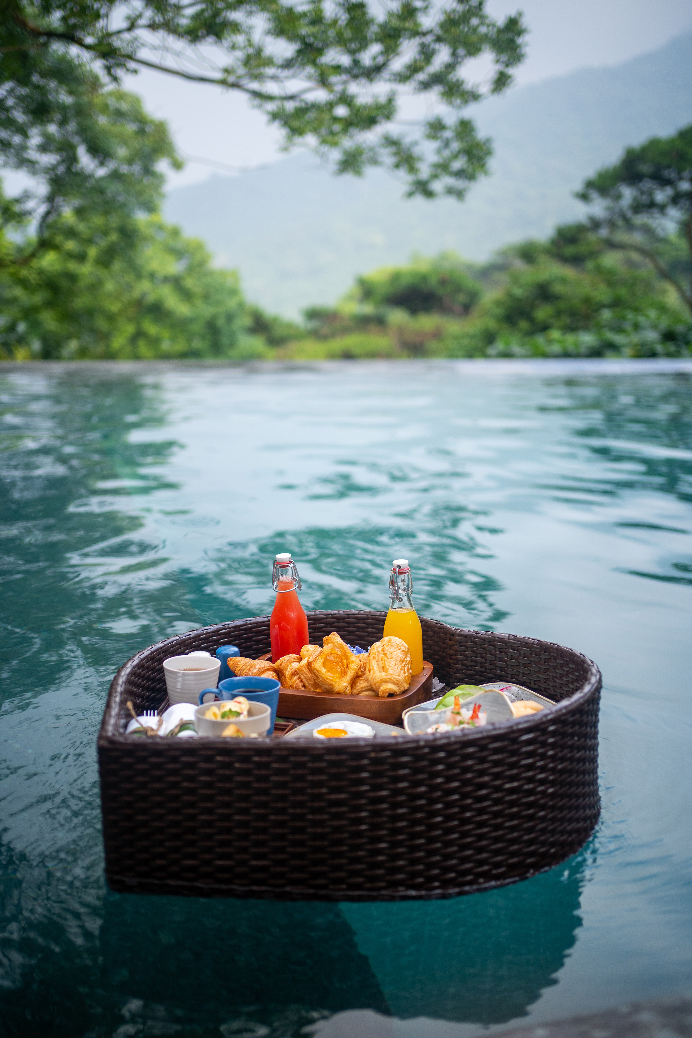 a basket with food on it in water