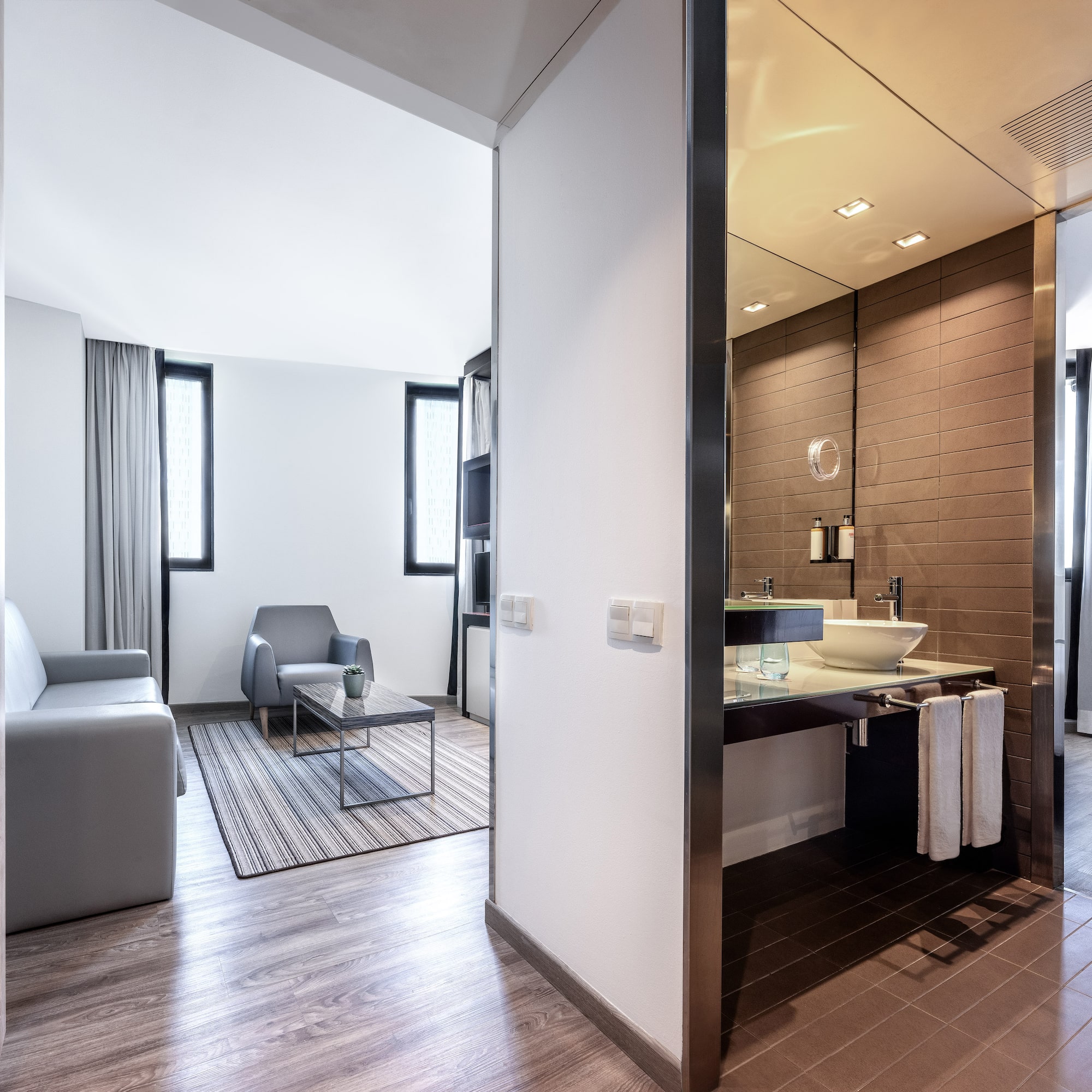 a room with a sink and a couch