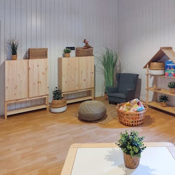 a room with a chair and a table