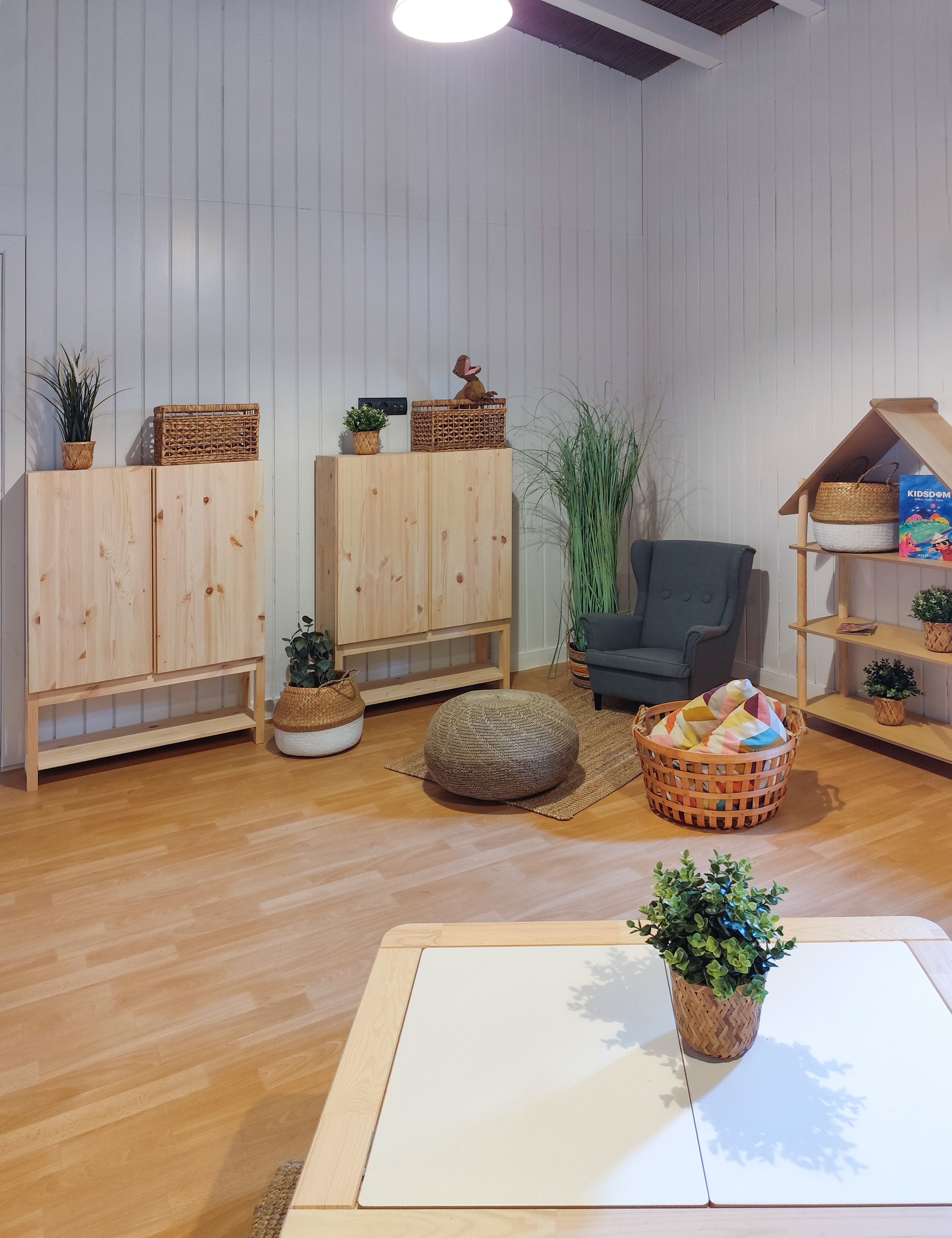 a room with a chair and a table