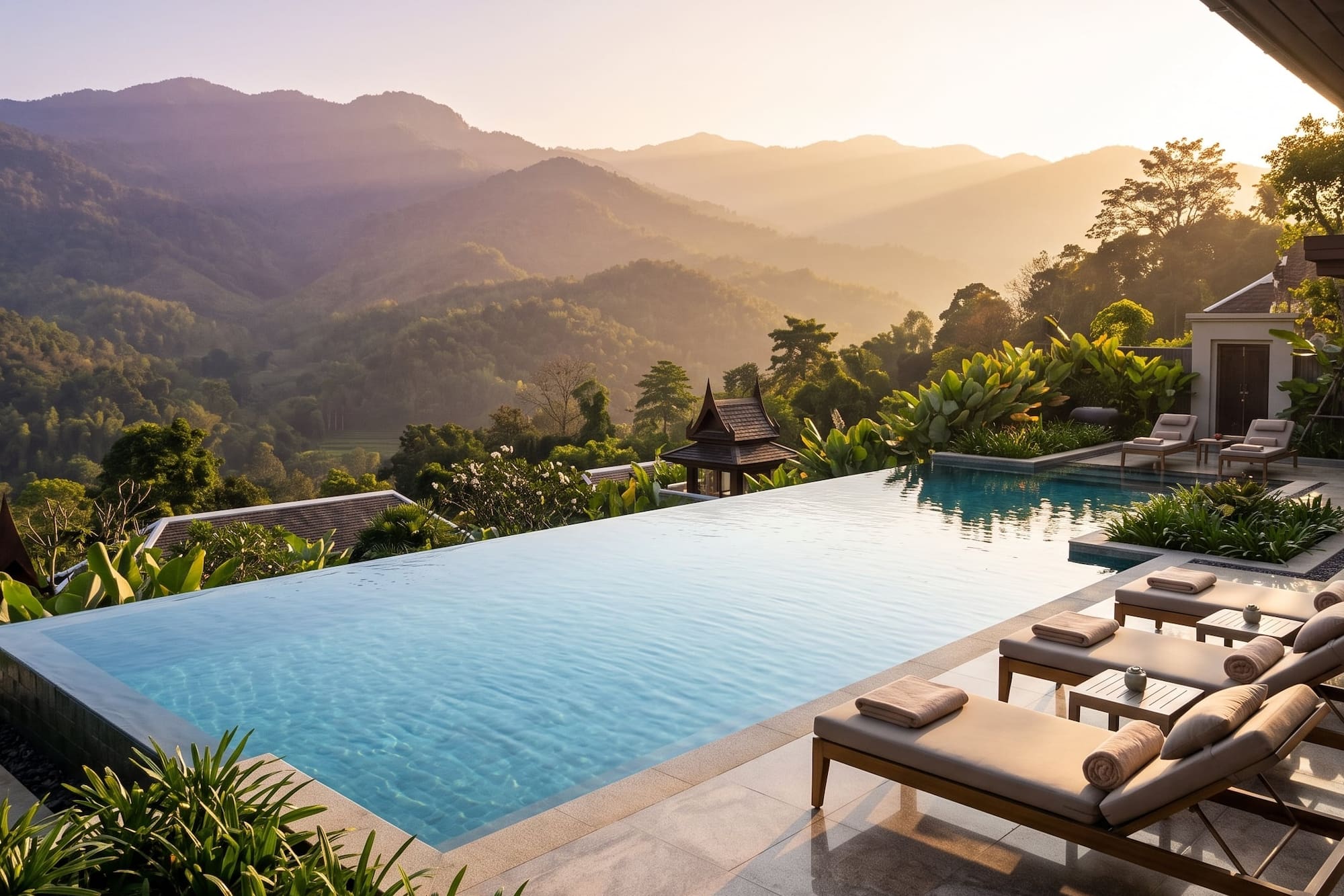 Luxury resort infinity pool with mountain sunset view.