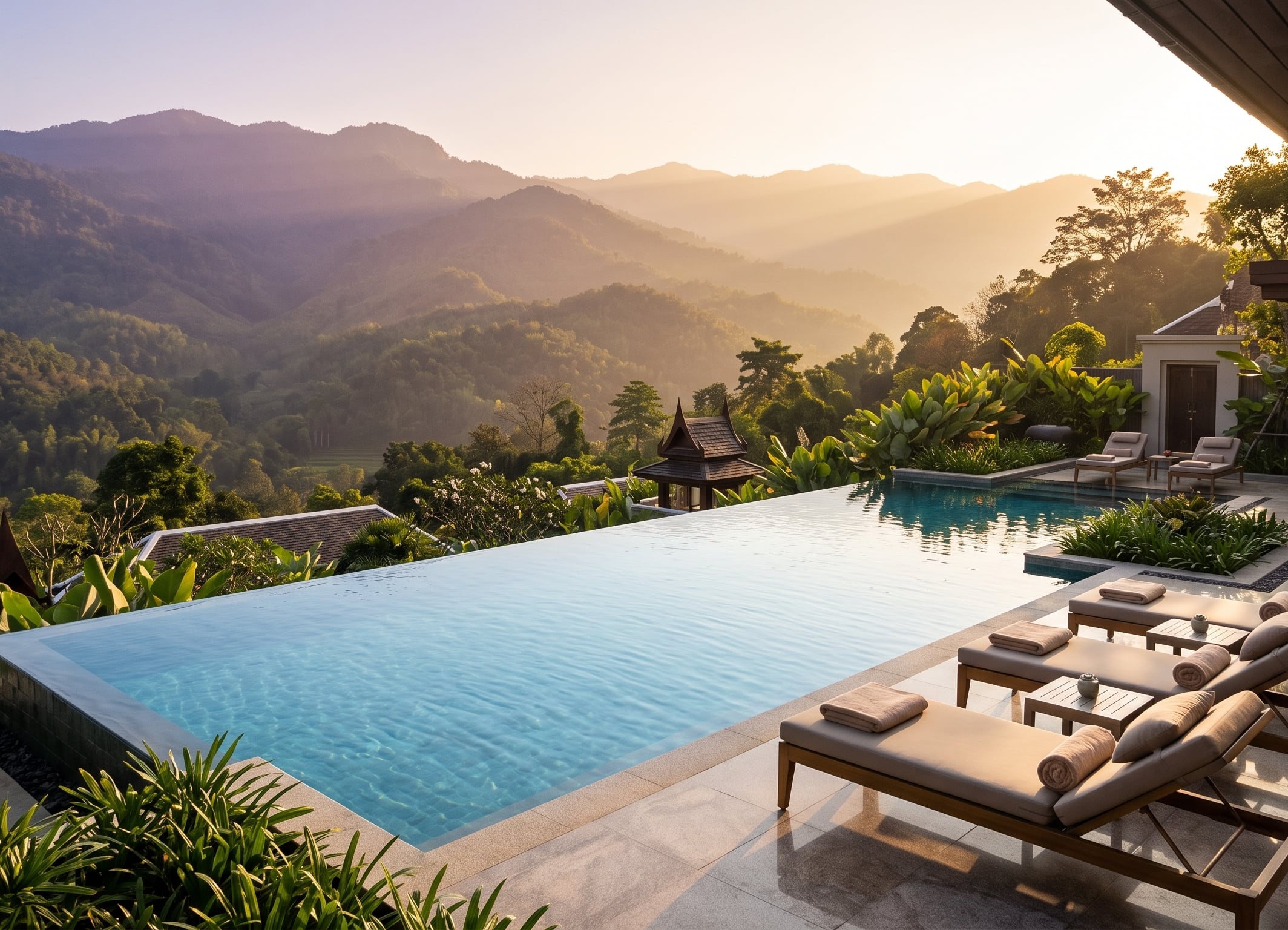 Luxury resort infinity pool with mountain sunset view.