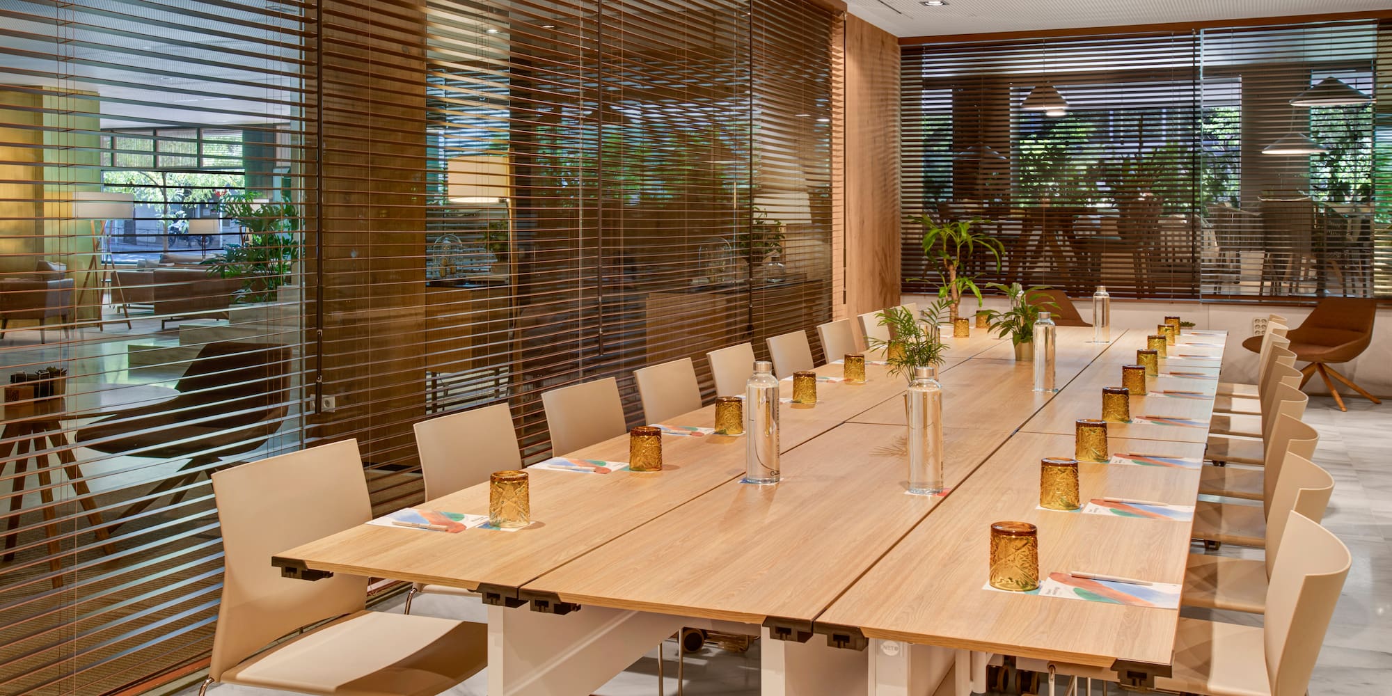 a long table with candles on it