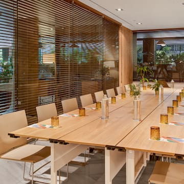 a long table with candles on it