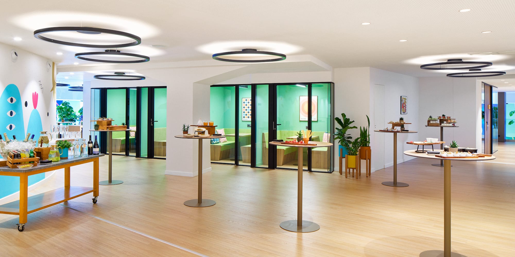 a room with tables and chairs