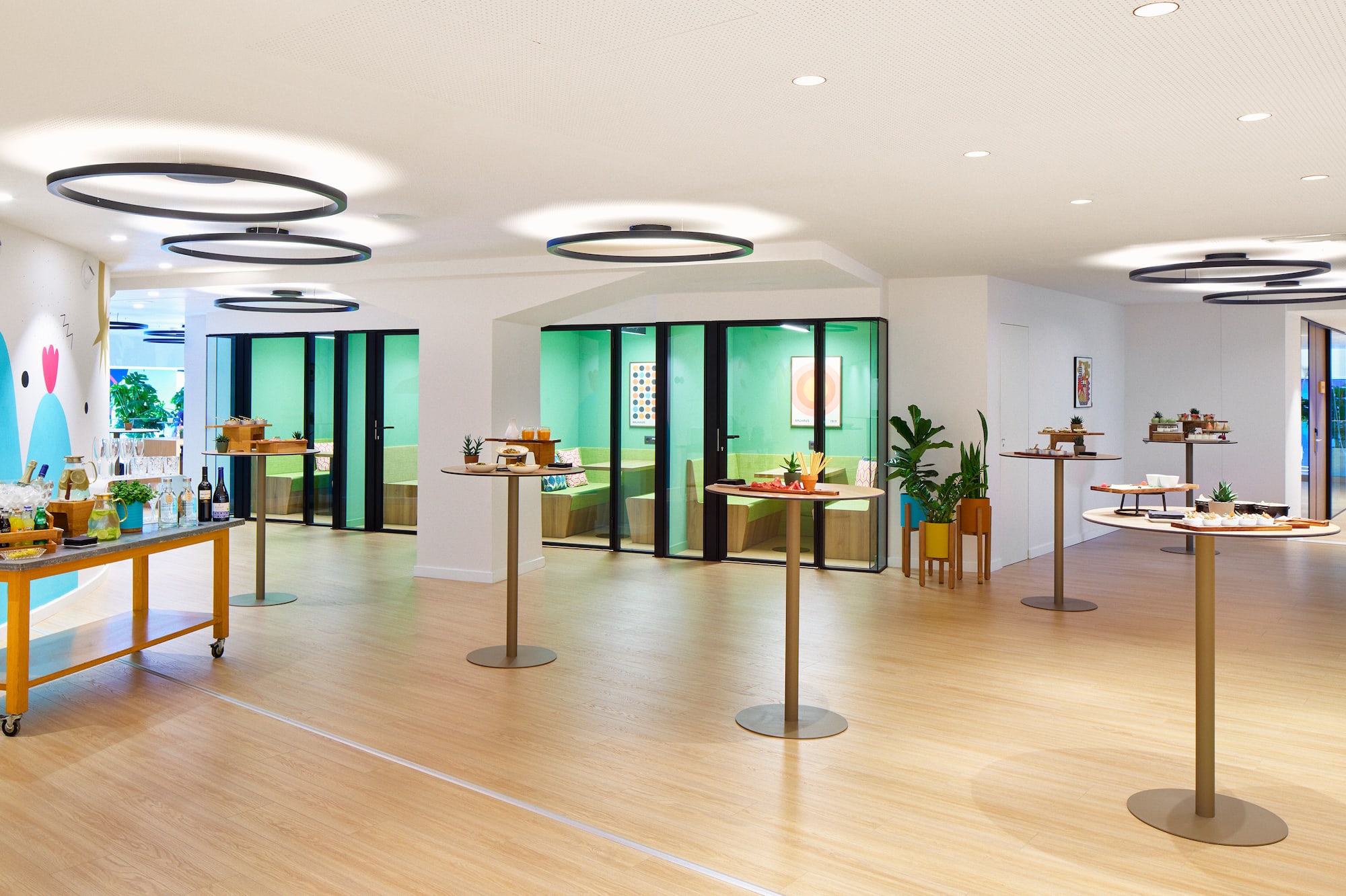 a room with tables and chairs