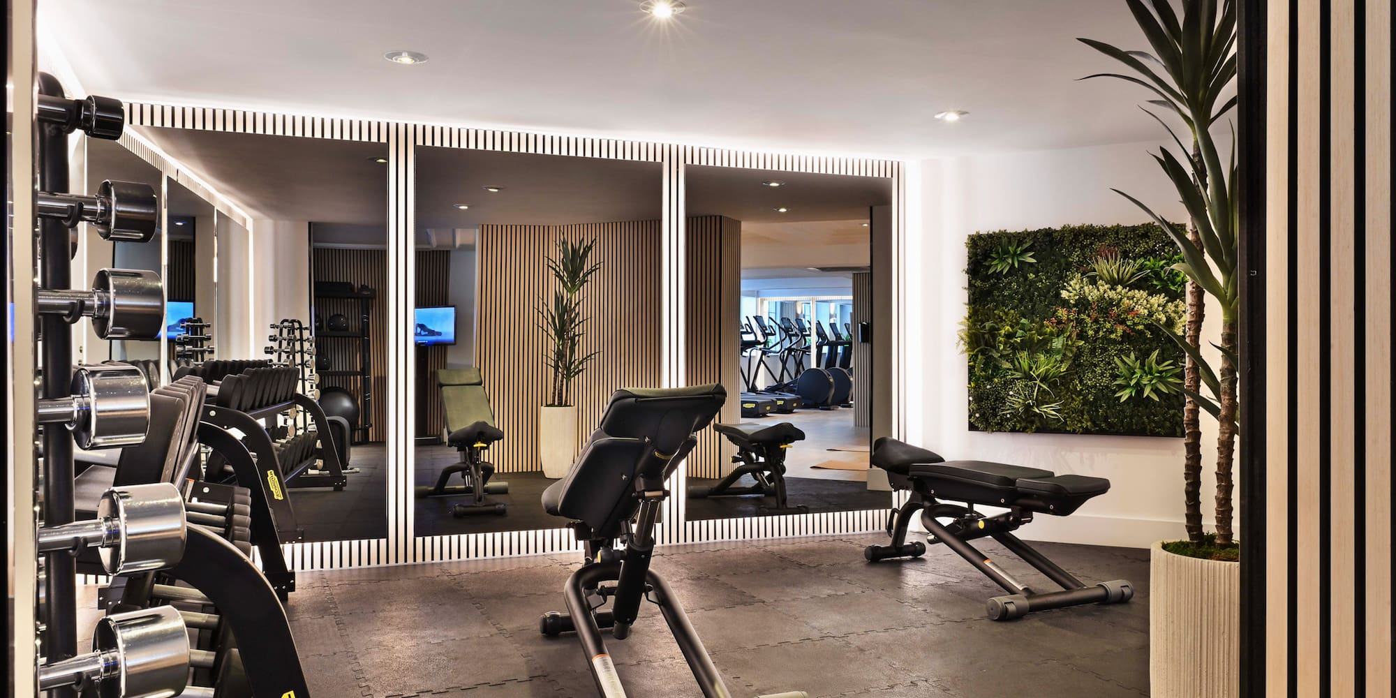 Modern gym: Technogym dumbbells, benches, mirrored walls, vertical garden.