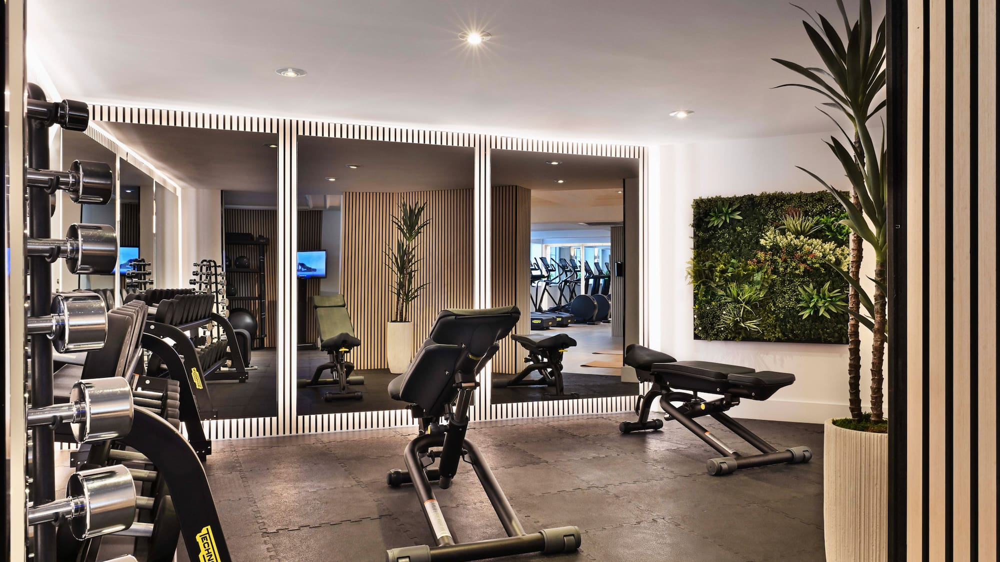 Modern gym: Technogym dumbbells, benches, mirrored walls, vertical garden.