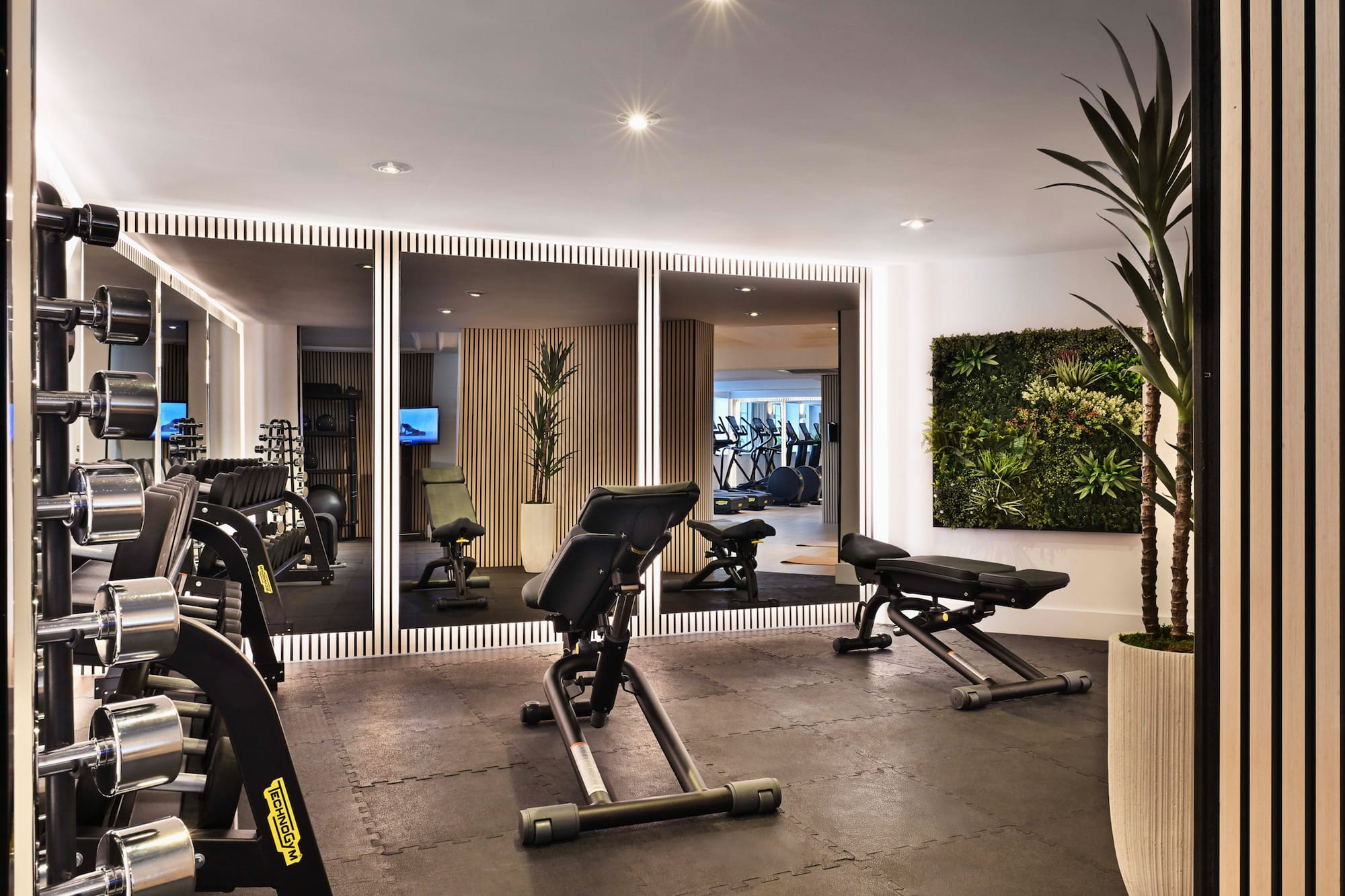 Modern gym: Technogym dumbbells, benches, mirrored walls, vertical garden.