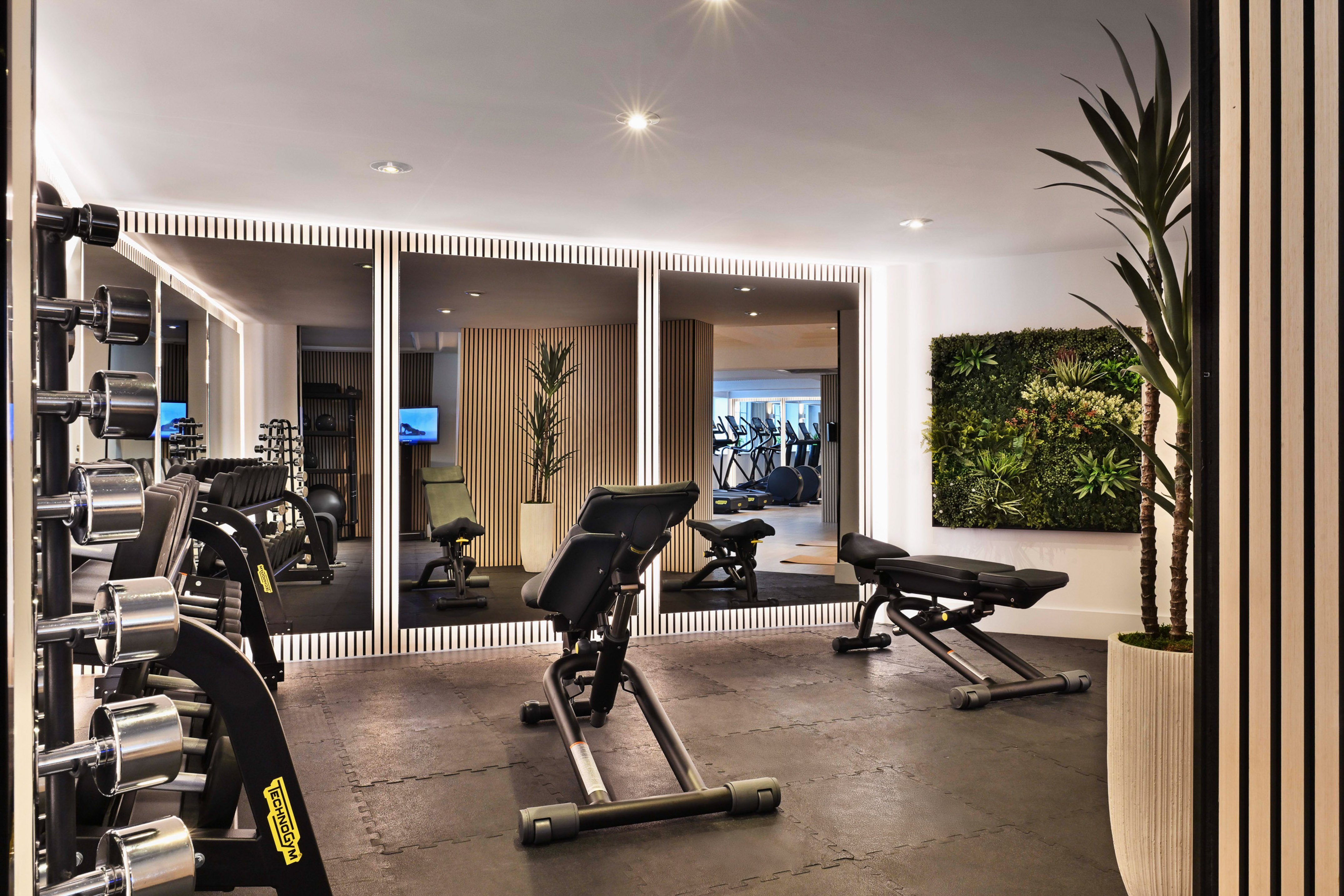 Modern gym: Technogym dumbbells, benches, mirrored walls, vertical garden.