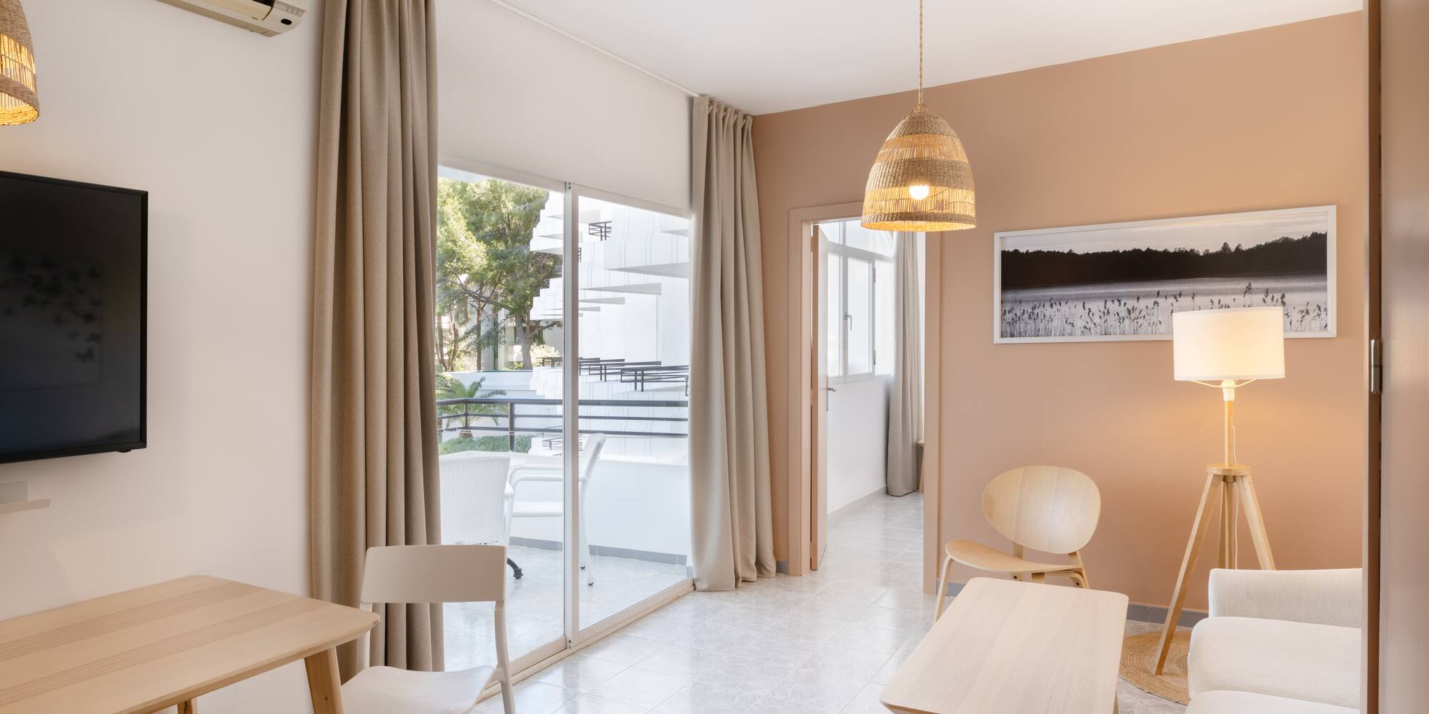 a room with a table and chairs