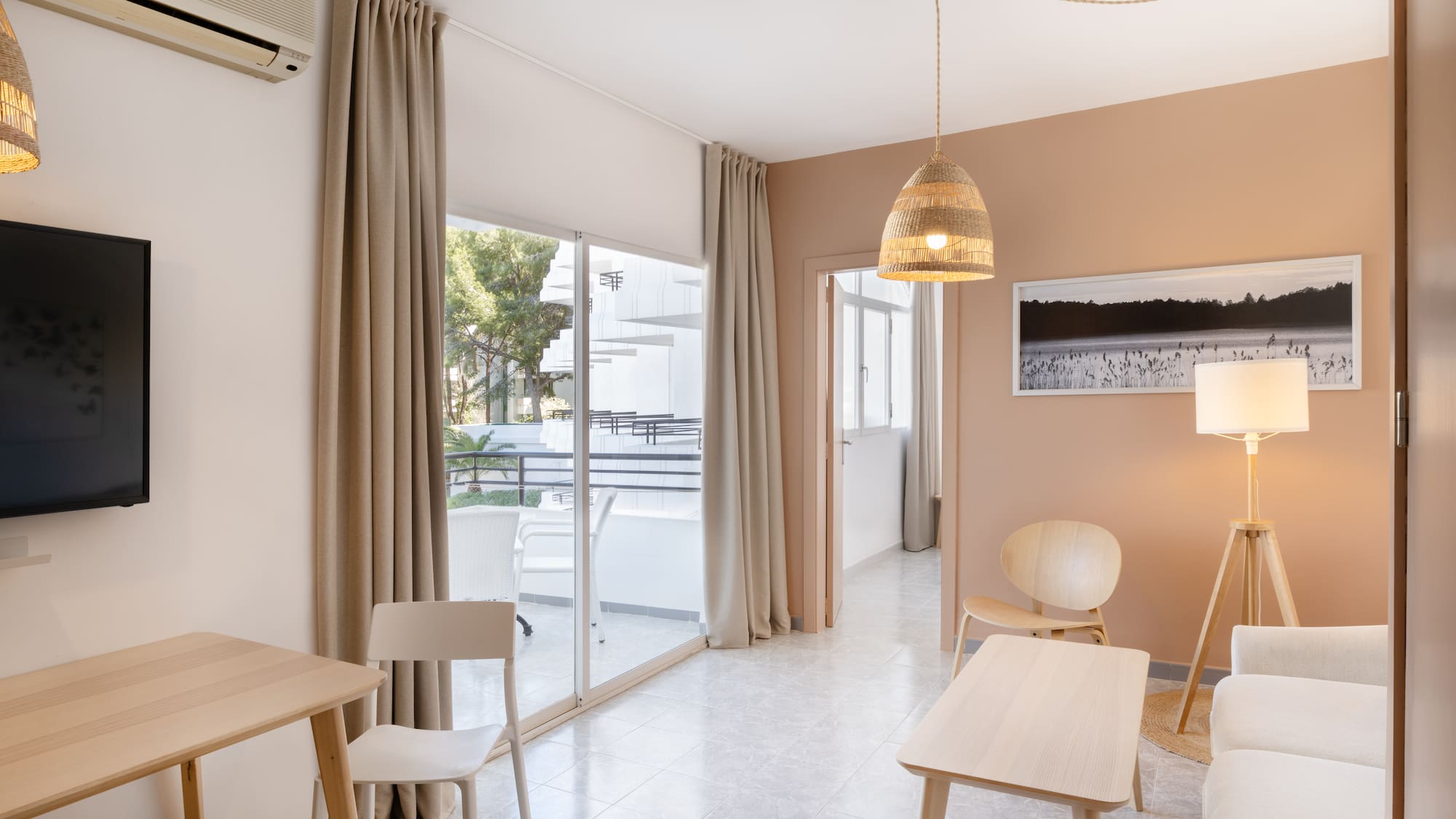 a room with a table and chairs