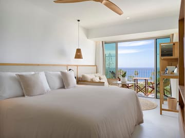 a bedroom with a large bed and a large window