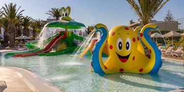 a water park with an inflatable octopus and a slide