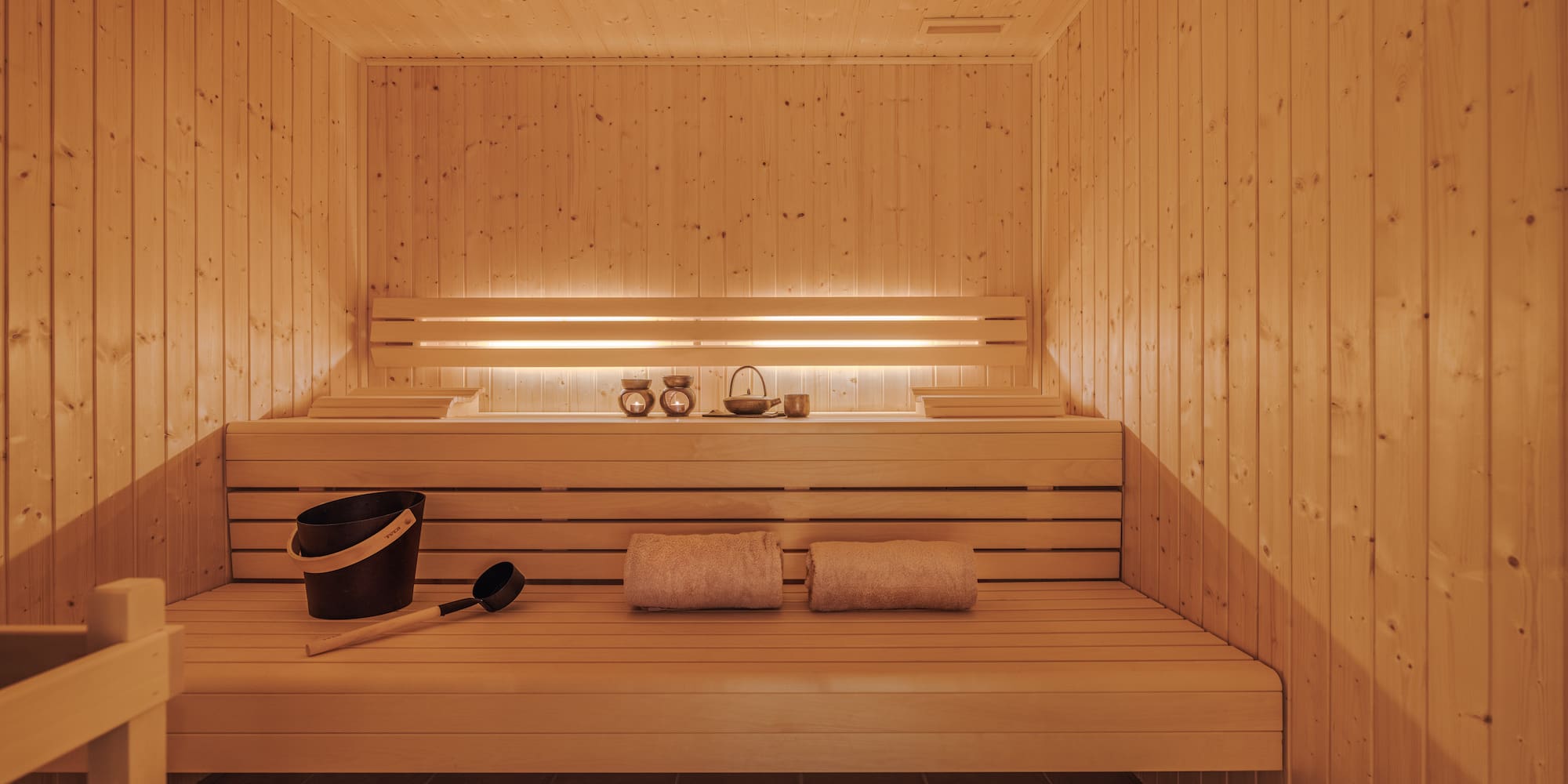 a wooden bench in a sauna