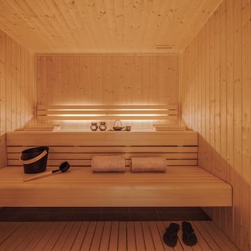 a wooden bench in a sauna