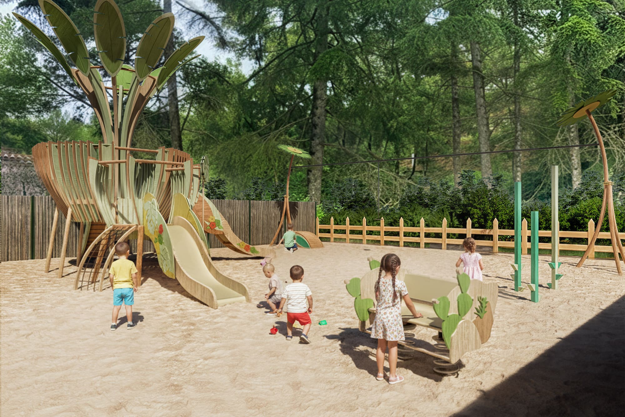Nature-themed wooden playground with kids playing on sand, slides, and climbers.