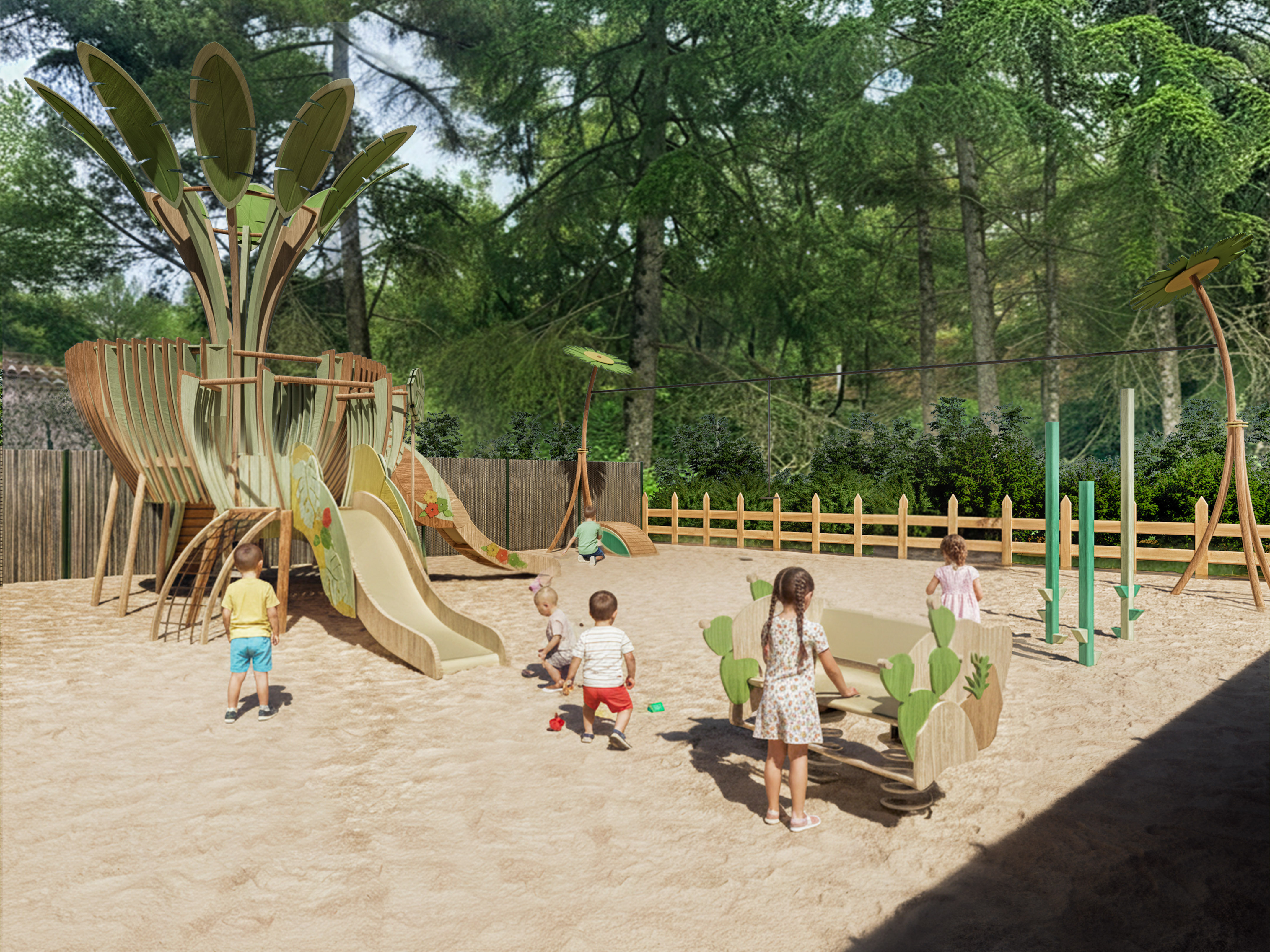 Nature-themed wooden playground with kids playing on sand, slides, and climbers.