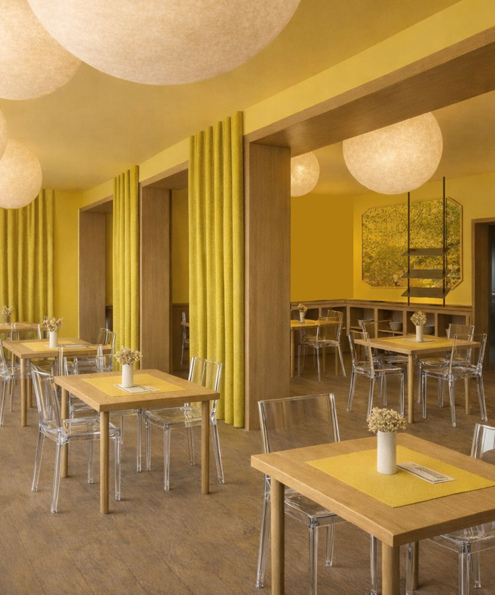 a room with tables and chairs and white balls