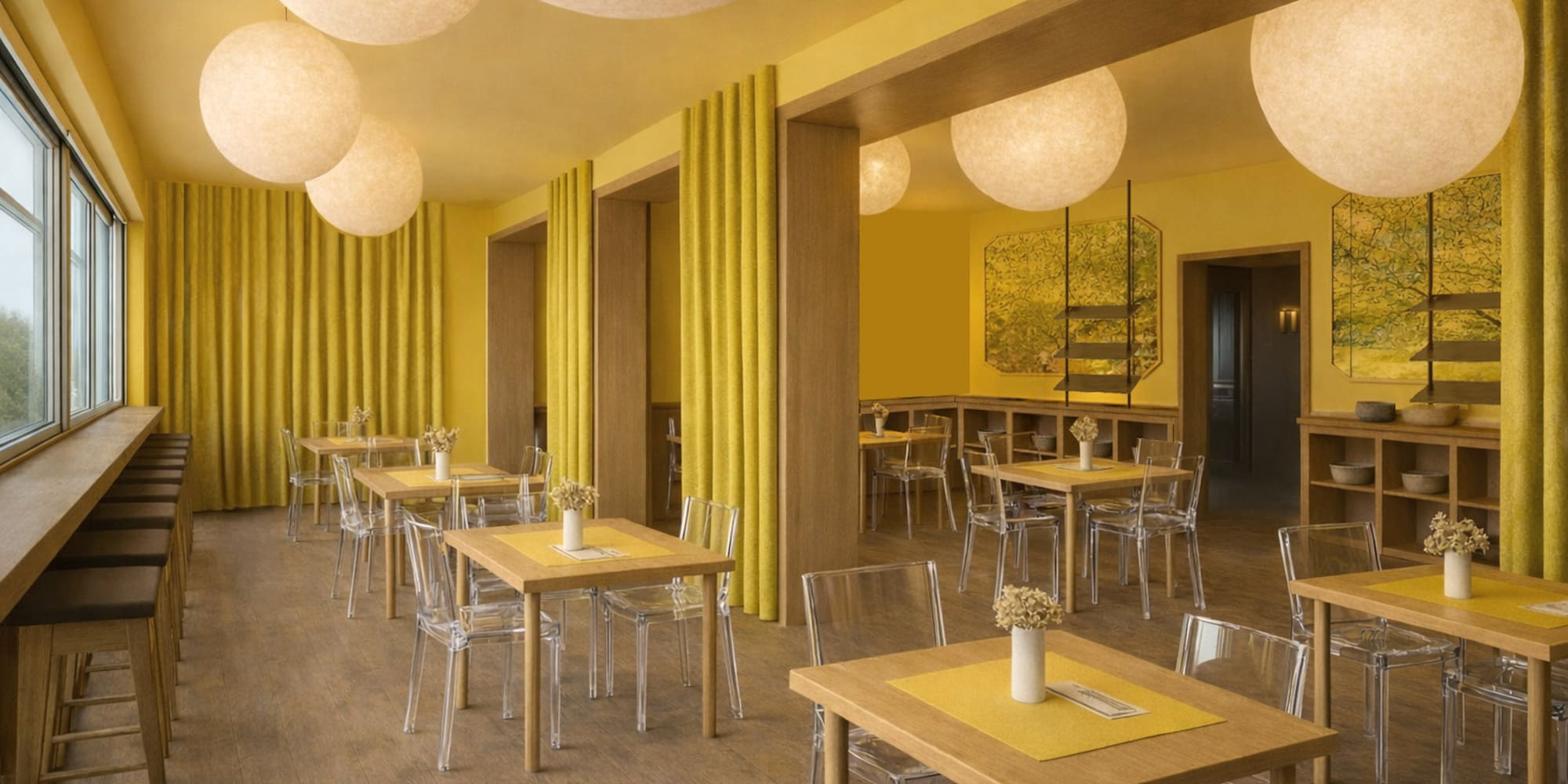 a room with tables and chairs and white balls