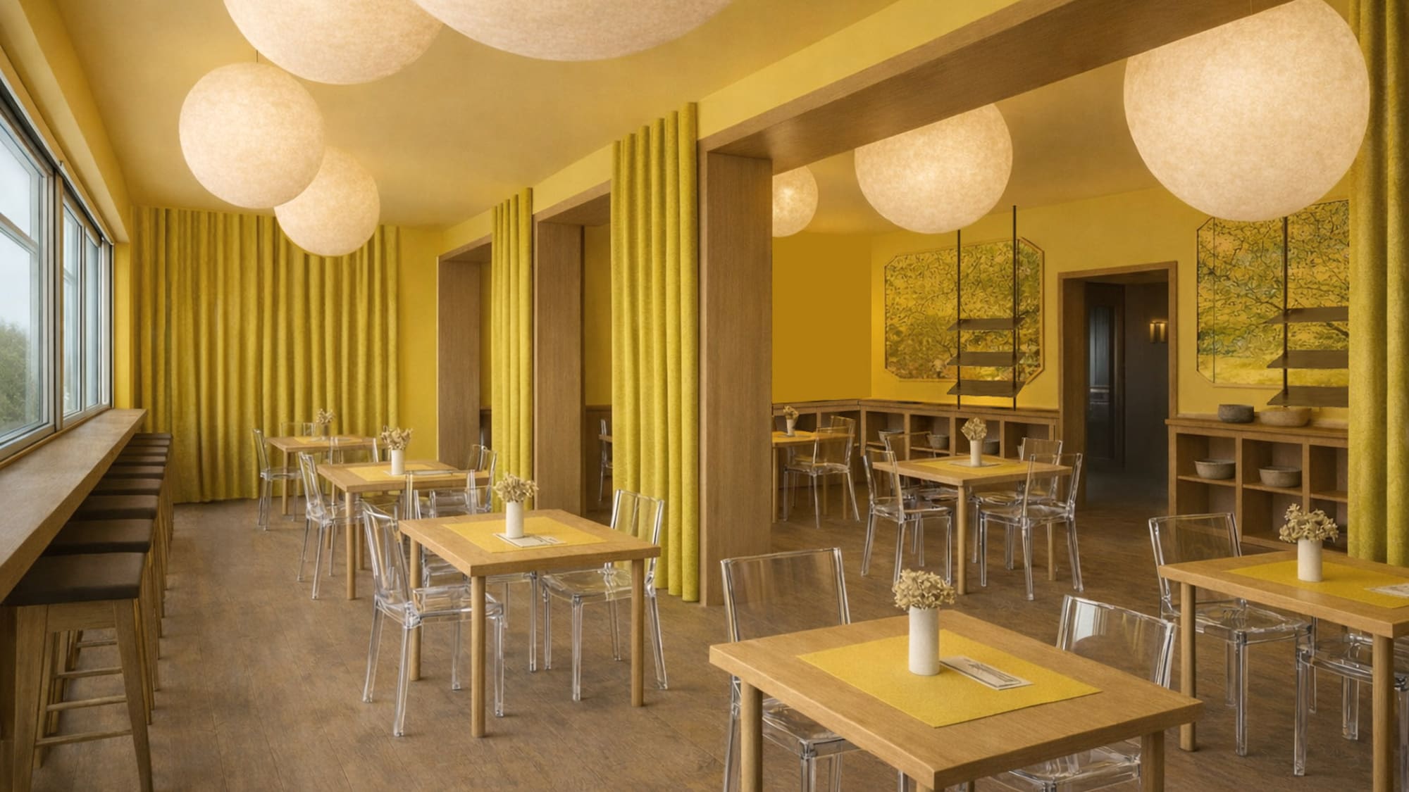a room with tables and chairs