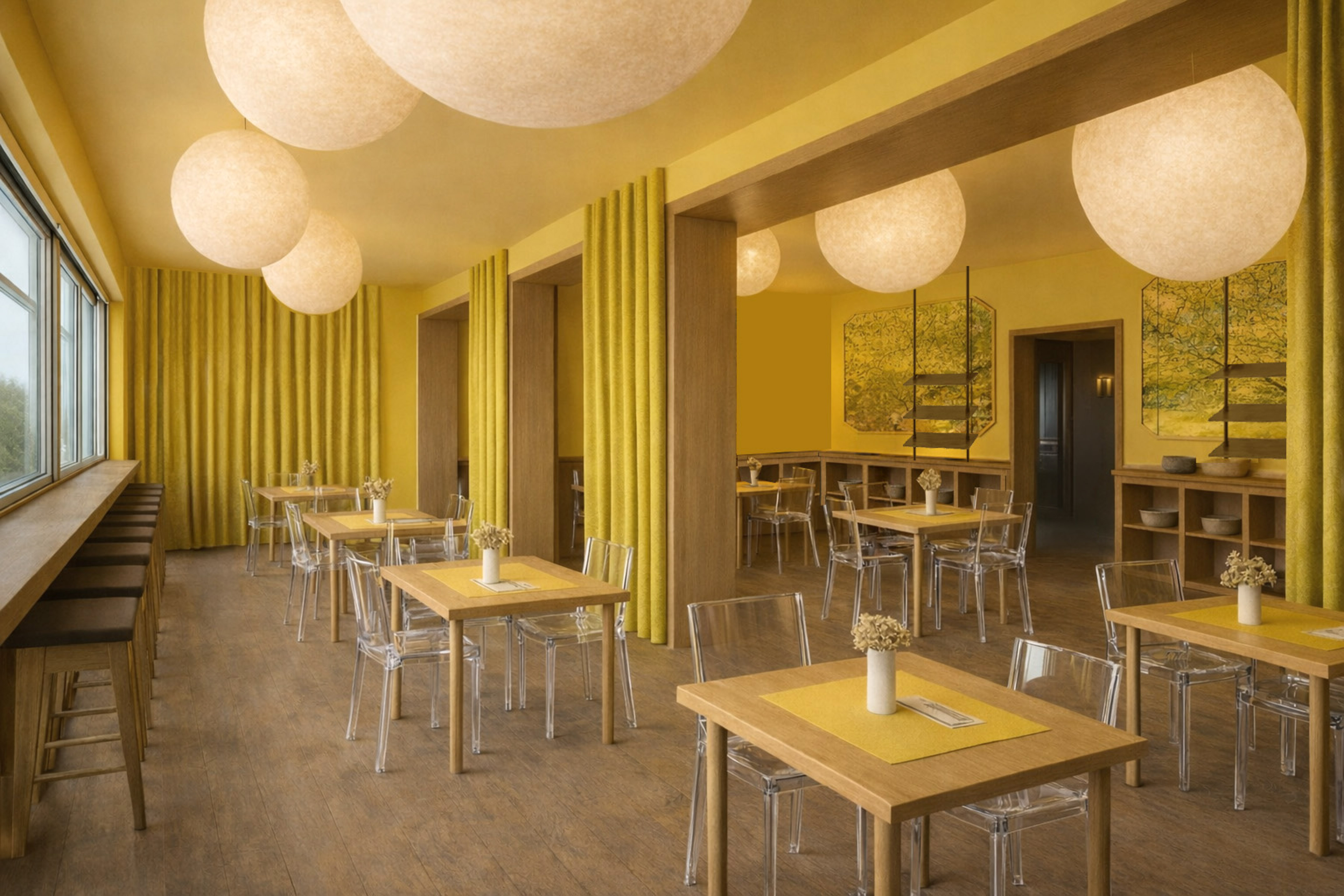 a room with tables and chairs and white balls