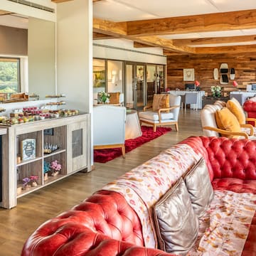 a room with a red couch and a red rug