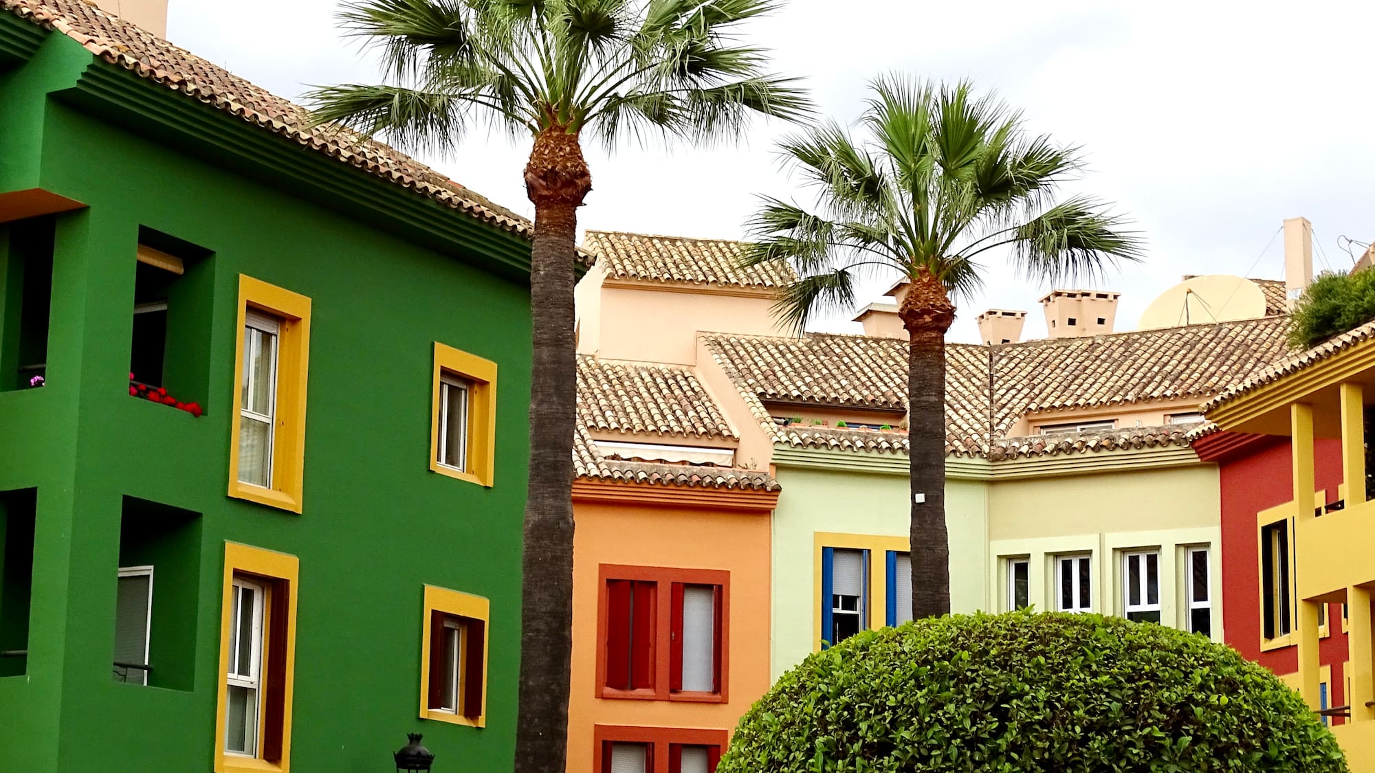 a row of colorful buildings with palm trees