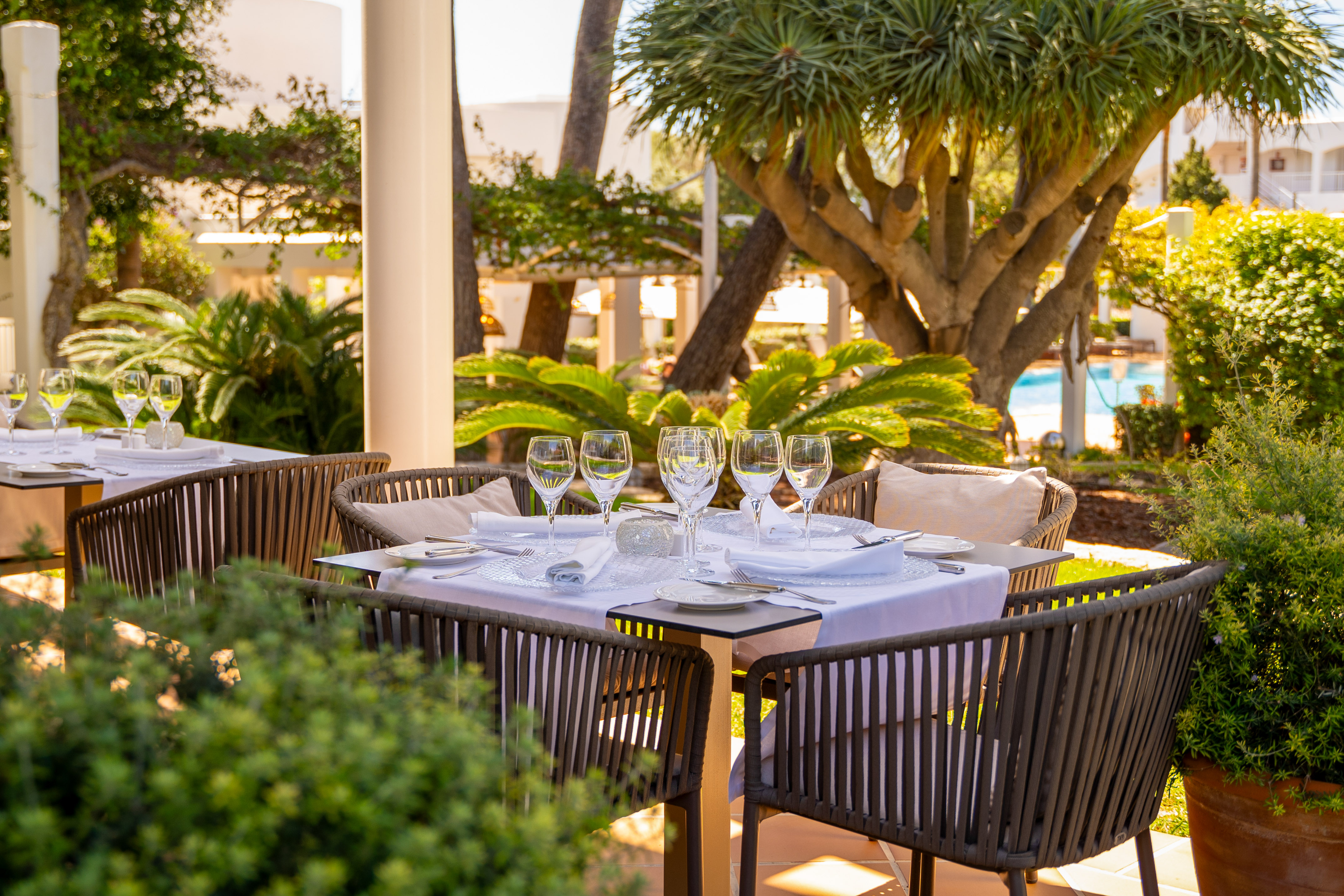 Hotel restaurant patio with set tables, modern chairs, and lush garden.